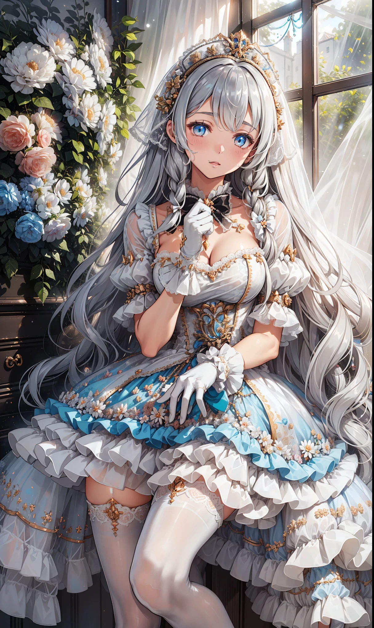 milkshake ,Attractions, Have Fun ,in love,( girl in white modern shirt 、 dress and pantyhose :1.2),( transparent ruffle bow gloves ), Silver Hair ,Striped and cloth with a small amount of ribbon , golden eyes,Sacred headdress, transparent lace , Gorgeous Dress , alone,European bedroom,(night:1.1),Delicate and beautiful face ,ta,Flowers on clothes , colorful flowers
