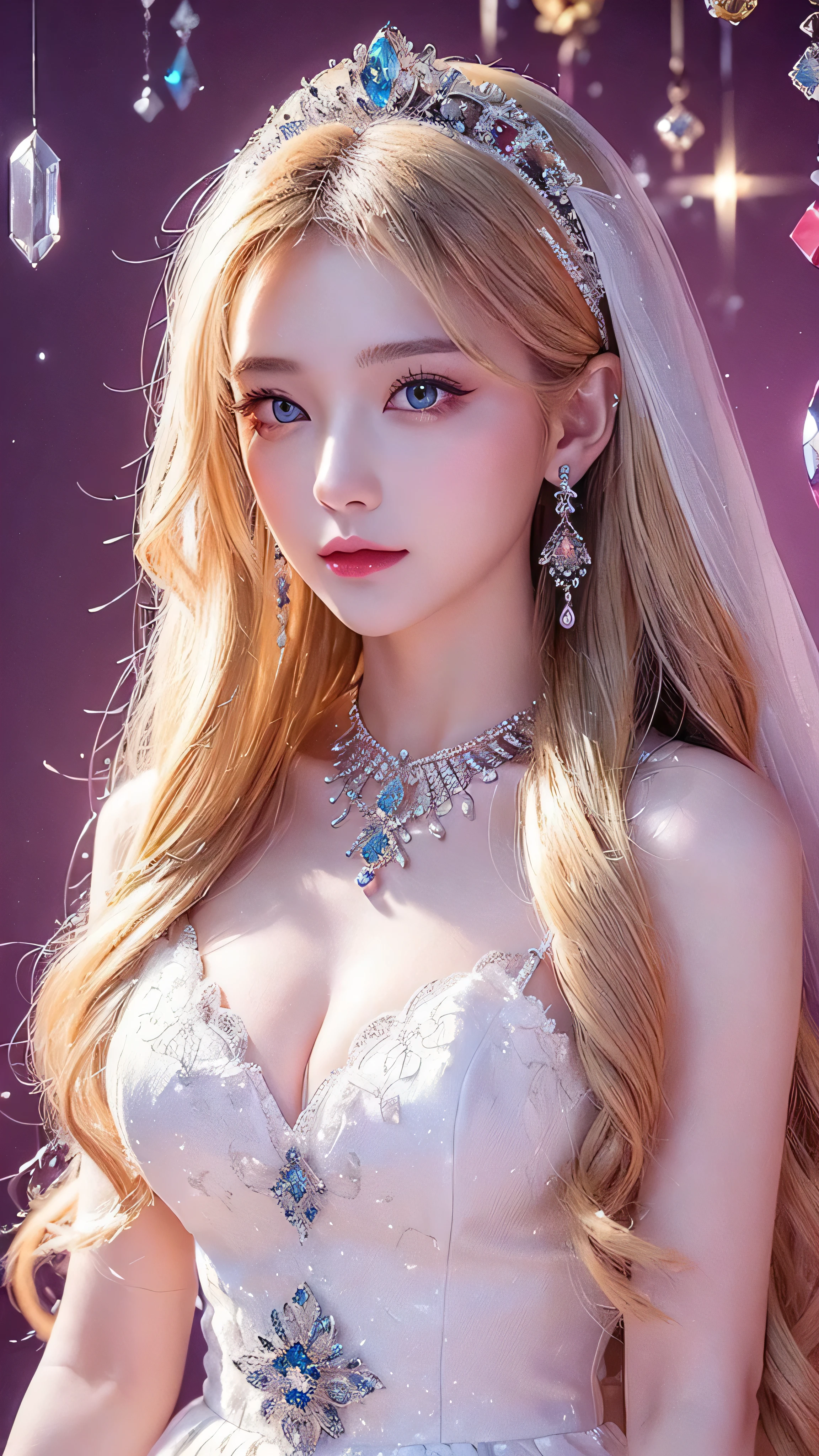 ( Masterpiece, top quality: 1.4), Detailed Biography, White Crystal, Crystal Cluster , long hair, jewelry, earrings, necklace, crown, bride, blonde hair, halo,Beautiful Fortune Teller 。 beautiful and colorful wallpaper background。