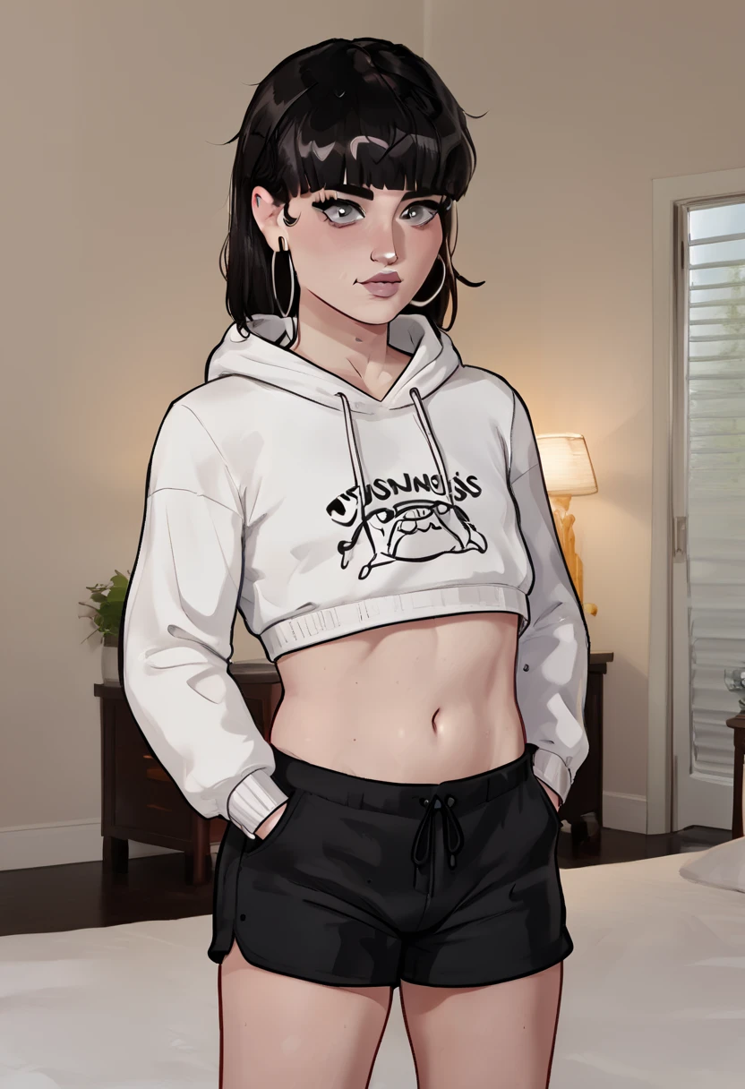 a transgender, female body. Caucasiana, 18 anos, olhos castanhos, black hair, bangs hair, petite body, flat breats size, large Butt size, wearing designer clothes, casually dressed at her house . wearing a plus-size hoodie , little black shorts and kitten earphones