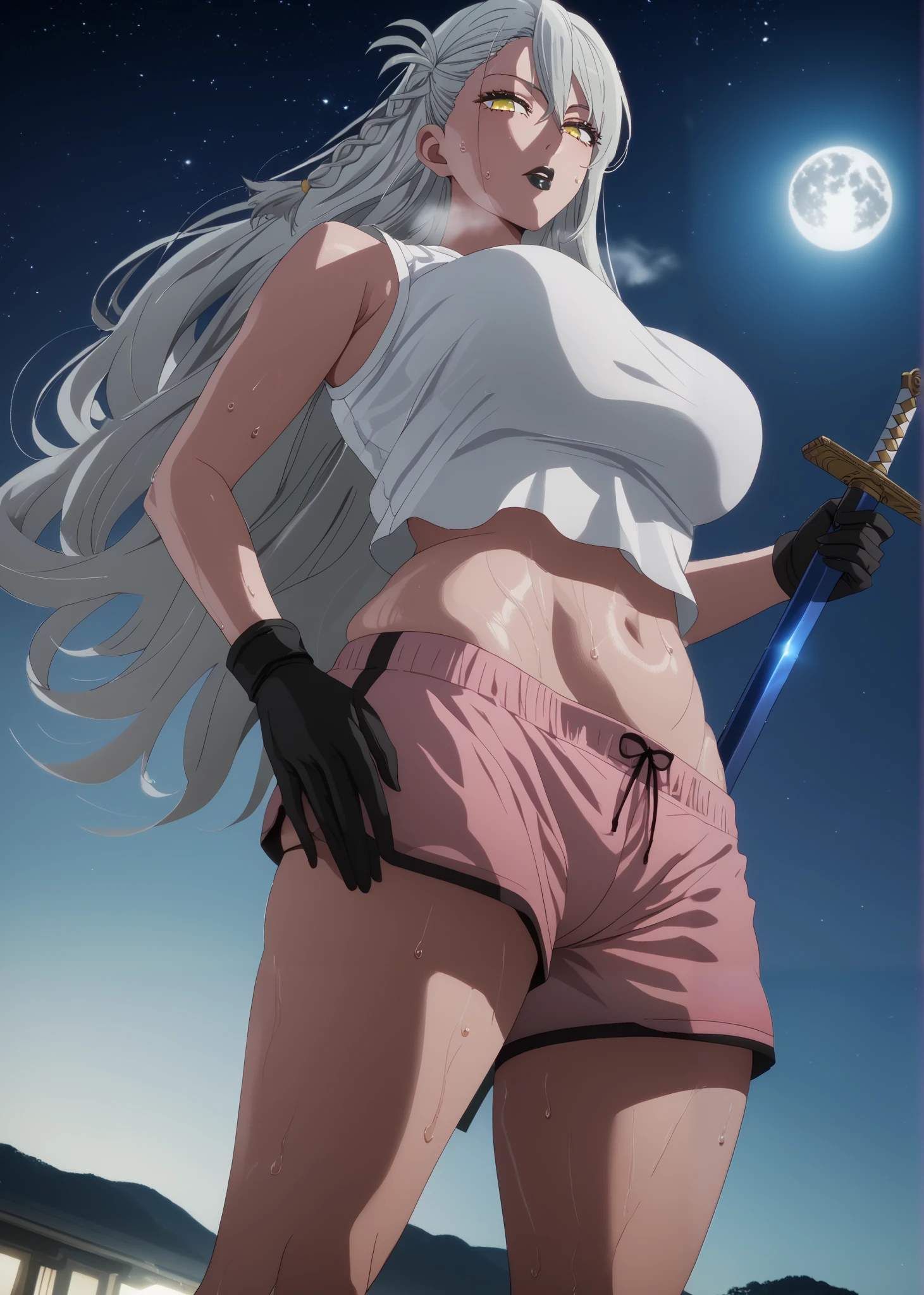 score_8_up, score_6_up, olgamarie, yellow eyes, white hair, long hair, side braid, (black lipstick, black lips:1.3), anime coloring, anime screencap, (voluptuous:1.3), (thick:1.3), BREAK UHD, retina, masterpiece, accurate, anatomically correct, textured skin, super detail, high details, high quality, award winning, best quality, highres, 4K, excessive sweating, sweating, sweating drop, (gasping, heavy breathing:1.3), (skindentation:1.2), perfect eyes, beautiful eyes, eyelashes, makeup, detailed body, perfect body, BREAK, 1girl, breasts, solo, thighs, looking at viewer, large breasts, weapon, navel, night, moon, gloves, sword, night sky, black gloves, sky, glow effect, magic-realism, sweating, sweating profusely, excessive sweating, sweating drop, gasping, heavy breathing, thight, half-closed eyes, thigh, thick, plump, looking at viewer, white shirt, sleeveless, dolphin shorts, short shorts, pink shorts, tank top,