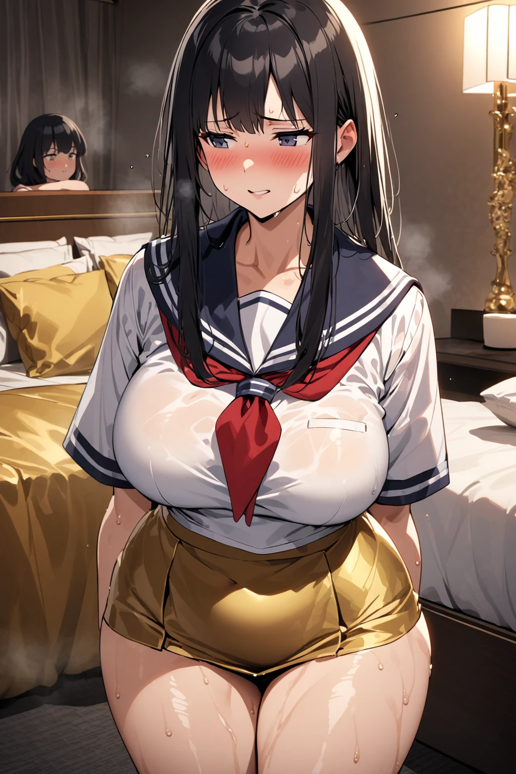NSFW:1.3. White short-sleeved sailor uniform:1.9 Dark blue collar Dark blue scarf Dark blue uniform pleated skirt:1.9 Ponytail White Panties:1.3 Sex:1.9. Anime drawings with vivid colors: Tall women:1.9 Standing posture: Spread your legs wide:1.3 Sweat, breasts, buttocks, troubled face, glaring, wrinkled brows, flushed cheeks, night:1.3 Apartment bedroom, white sheets, short black hair, ponytail:1.9 Straight hair, bangs swept to the side:1.9. Slanted eyes, brown eyes, tall, big breasts, strong-willed, beautiful