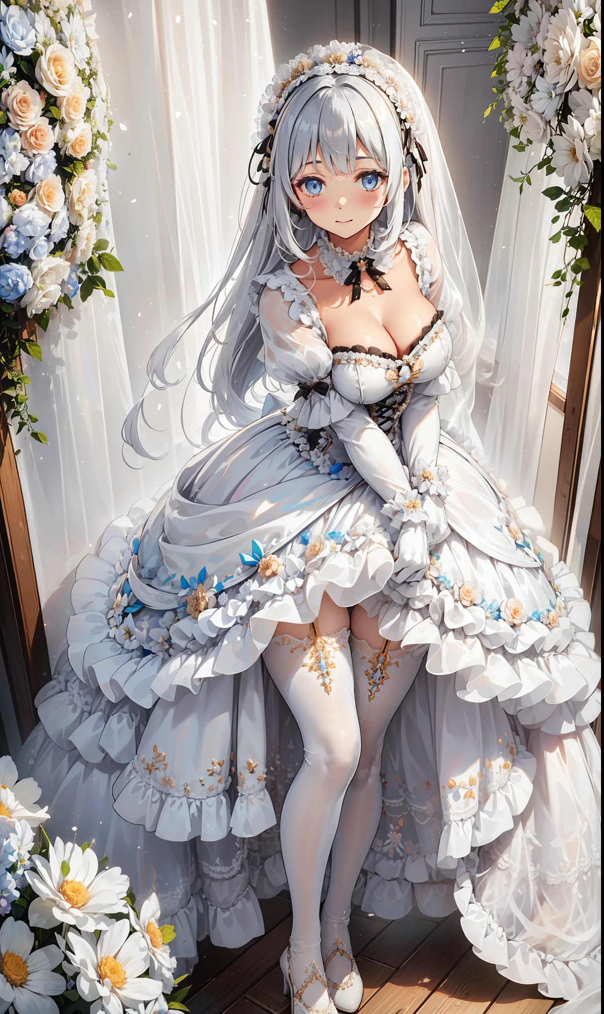  milkshake ，Attractions，  Have Fun  ，in love，( girl in white modern shirt 、 dress and pantyhose :1.2)，(   white ruffle bow gloves   )， Silver Hair ，  golden eyes，Sacred headdress，  transparent lace  ， Gorgeous Dress  ，  alone，European bedroom，(night:1.1)，Delicate and beautiful face  ，Lolita，Flowers on clothes ， colorful flowers，Flowers fall，Flower fly