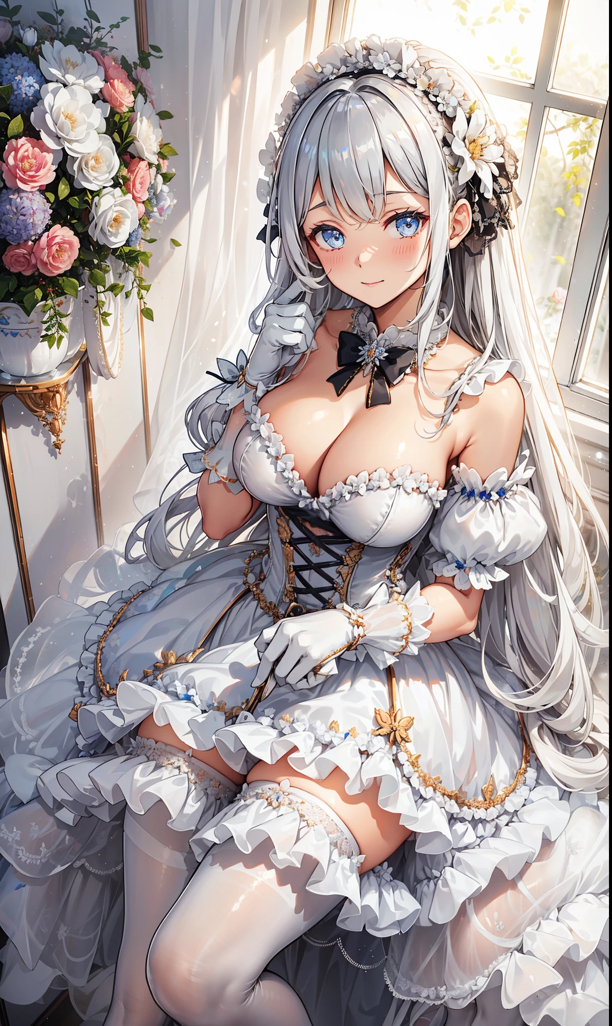  milkshake ，Attractions，  Have Fun  ，in love，( girl in white modern shirt 、 dress and pantyhose :1.2)，(   white ruffle bow gloves   )， Silver Hair ，  golden eyes，Sacred headdress，  transparent lace  ， Gorgeous Dress  ，  alone，European bedroom，(night:1.1)，Delicate and beautiful face  ，ta，Flowers on clothes ， colorful flowers，Flowers fall，Flower fly