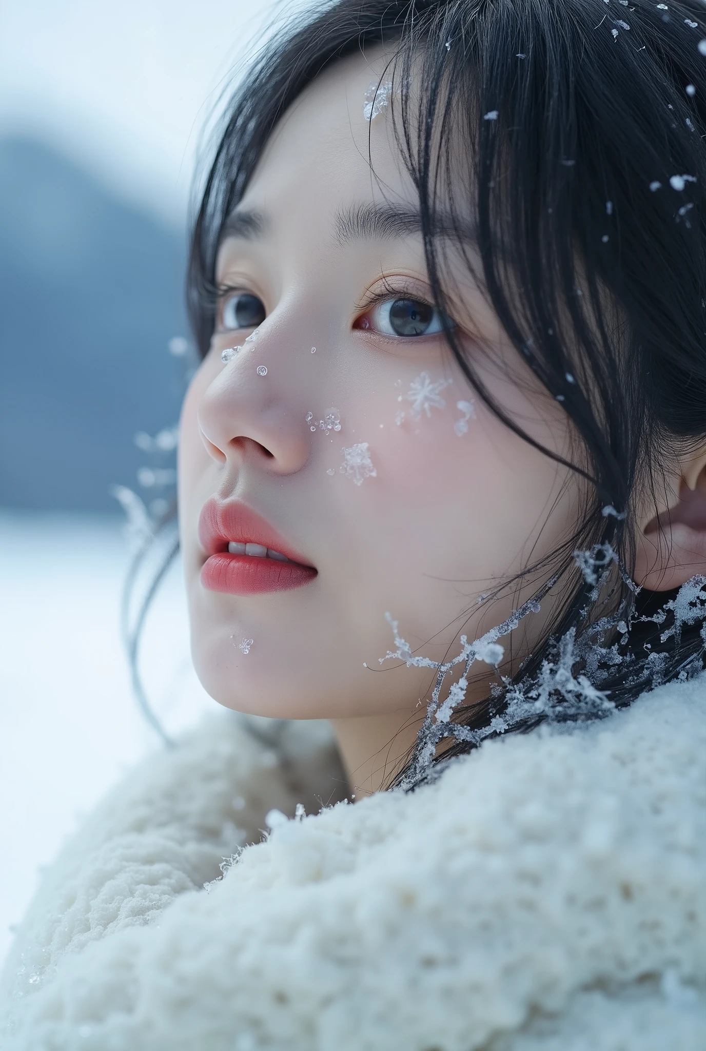 "A close-up portrait of a Japanese woman with delicate facial features, featuring subtle signs of frost-like elements on her face and hair. Snowflakes are gently settled on her face, adding a natural winter effect. Her face is surrounded by ice flowers, and she looks sideways at the sky. Small crystals are embedded in her skin. The focus is sharp, highlighting every detail from natural makeup to textured hair, all set against a snowy mountain background that adds depth and contrast. The lighting is soft and studio-like, emphasizing a minimalist style with clear facial features. Captured in high definition with Hasselblad X2D."