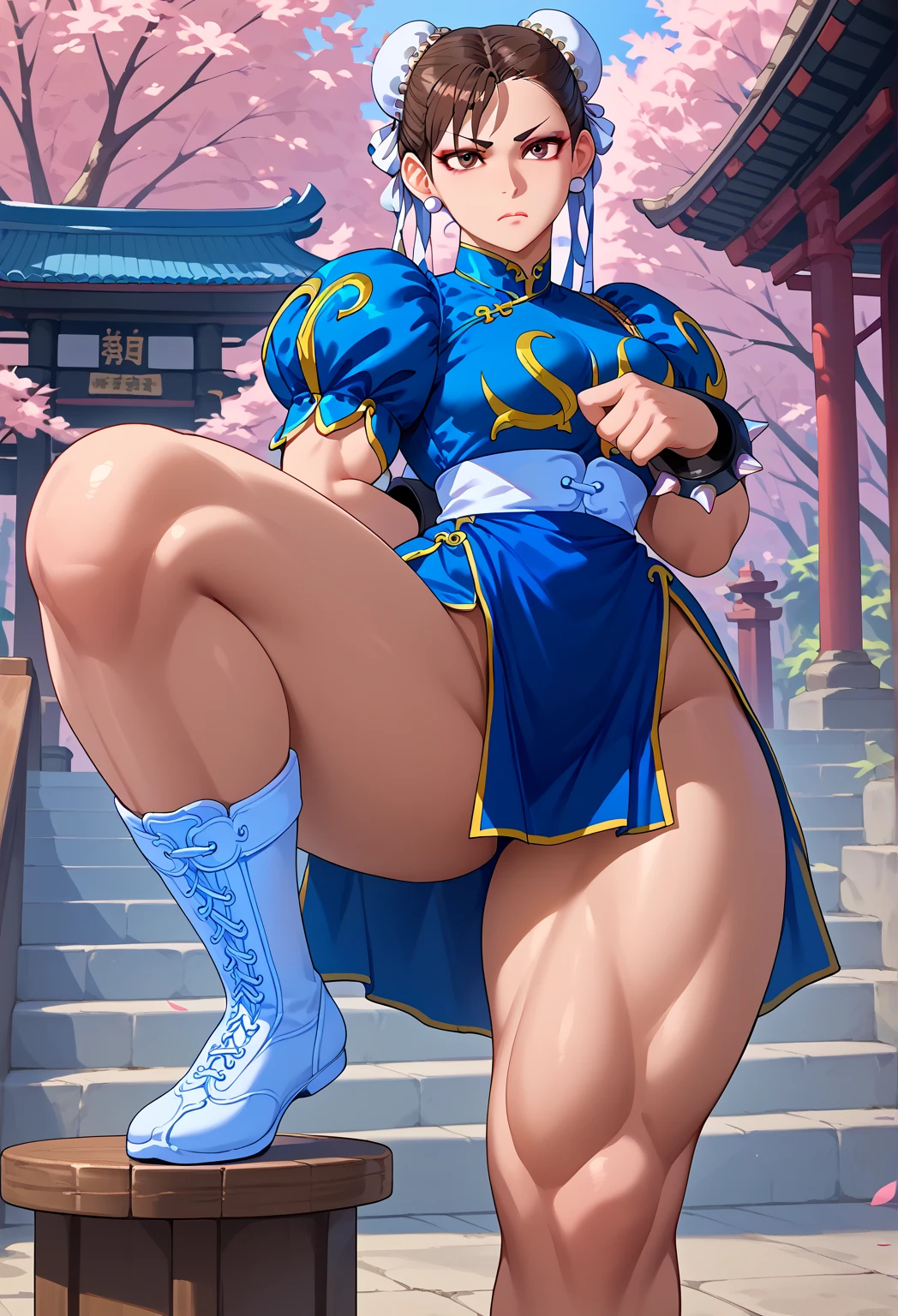 score_9, score_8_up, score_7_up, BREAK, LPB, brown hair, hair bun, blue eyes,   wide hips, thick thighs, massive thighs, busty, cosplaying as chun li from streetfighter, black flsts