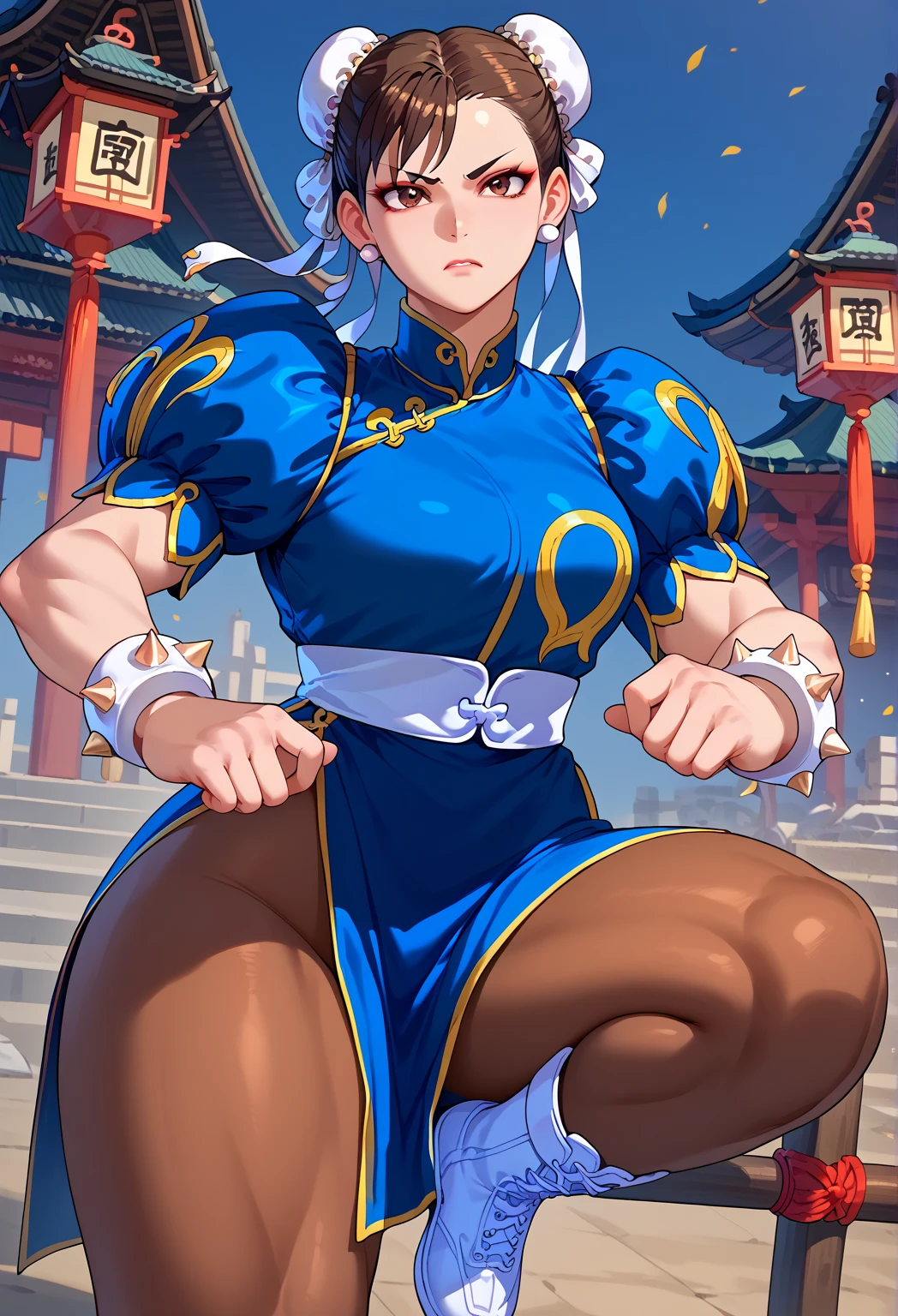 Chun-Li,linda jovem com uniforme azul classico, coxas grossas, belas coxas sexy,um pouco muscolosa, cabelo preso, black tights,cidade chinesa a tarde, Standing alone.solo, roupa azul, saia azul, olhar serio, belos olhos, belo rosto bem detalhado, olhos e sobrancelhas detalhado.olhos castanhos escuros