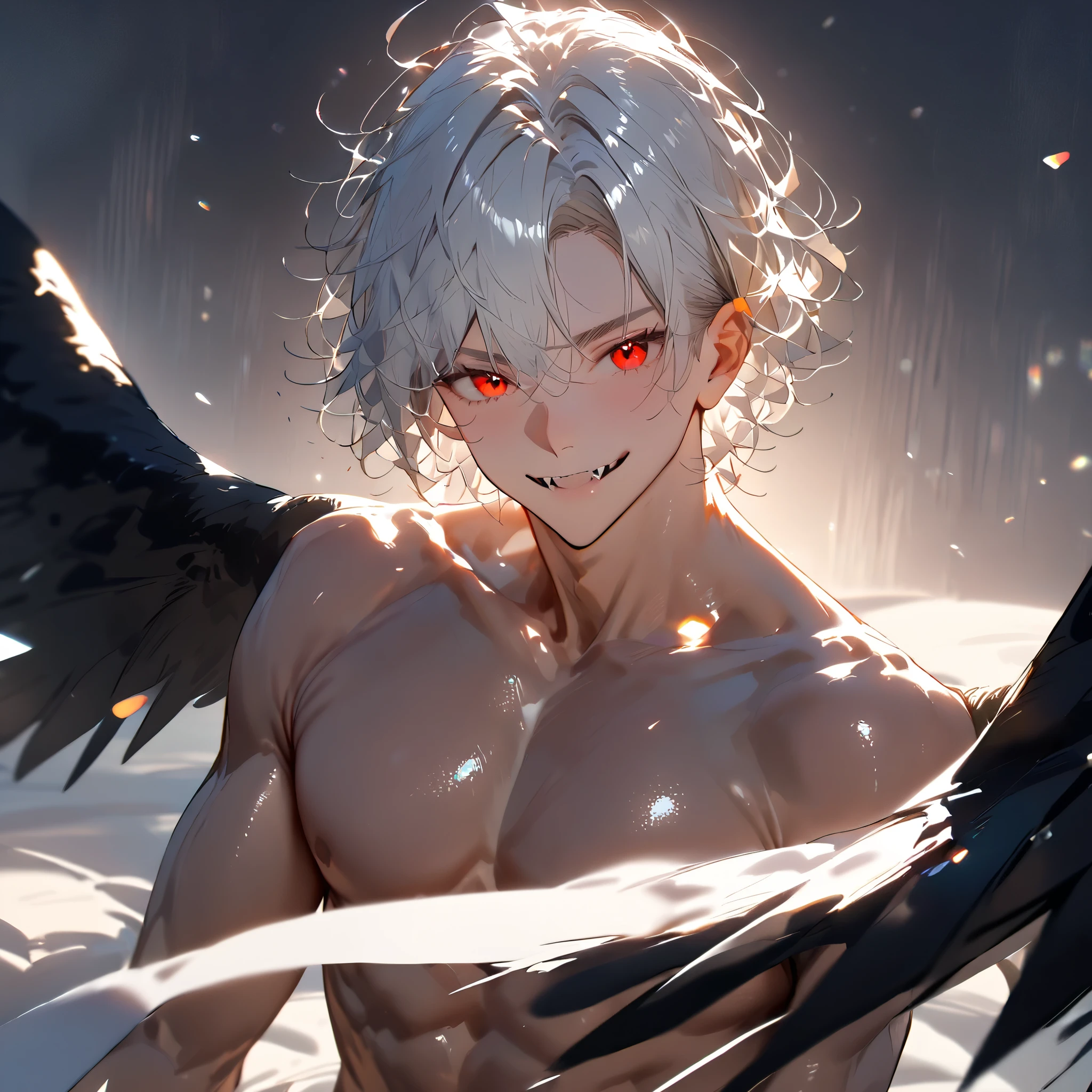 1boy, Solo, High Resolution, Looking at viewer, High Resolution, Masterpiece, Anatomically Correct, Best Quality, High Details, HD, Soft Lighting, Textured Skin, Dynamic Angle, Smile, Blurred Background, Close-Up, Ray Tracing, Reflection Light, Glowing Light, Dark Bedroom's Background.

White Hair, Short Hair, Messy Hair, Red Eyes, Black Wings, Fangs, Sixpack Boy, Black Trousers, Shirtless, Muscular Male.