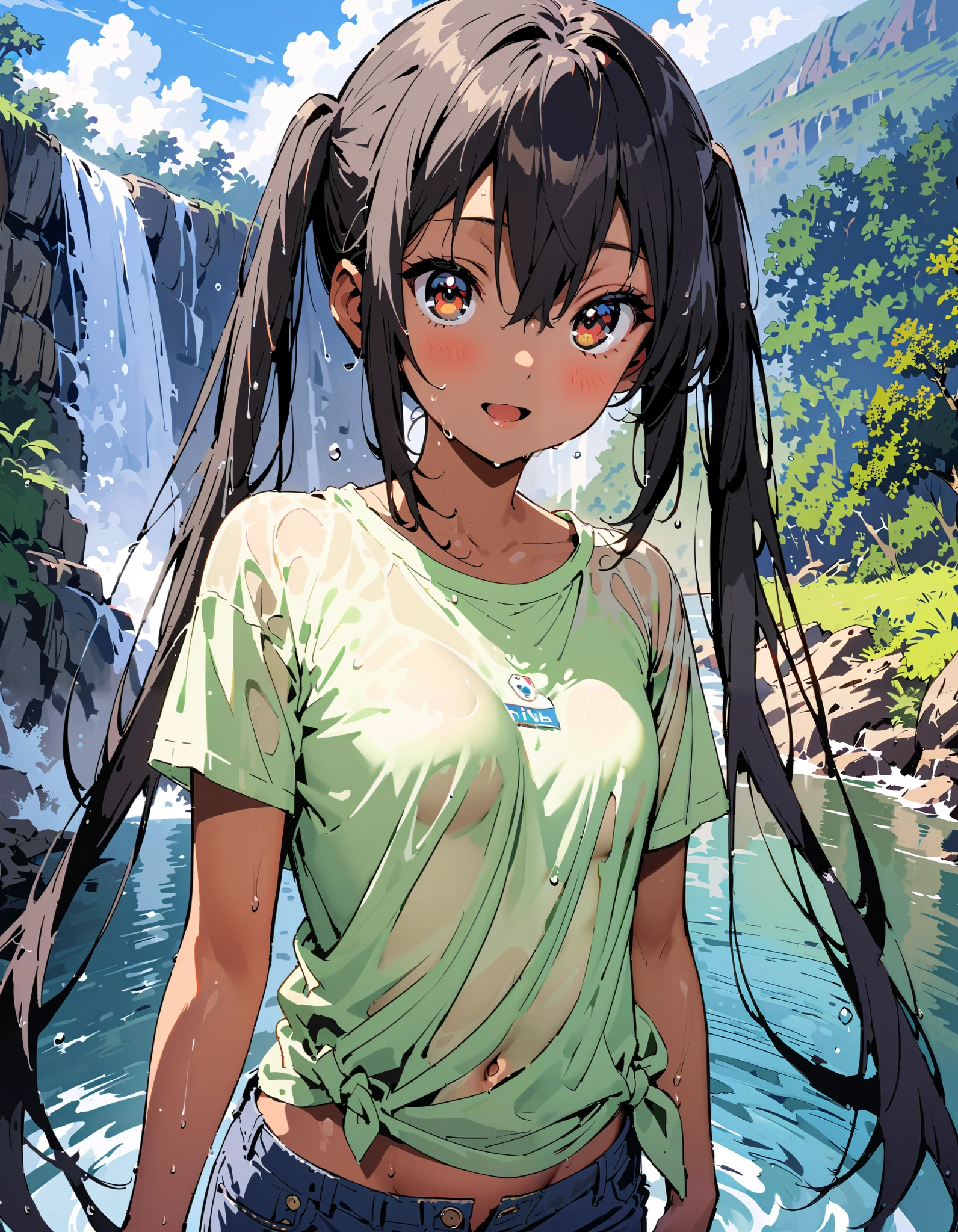 Azusa Nakano, black hair, brown eyes, Alone, long hair,smile,blush, open your mouth, low twin tail, tan, brown skin,green t-shirt ,The hem of the t-shirt is tied, belly button out,river遊び, playing in the water, denim micro shorts ,Wet clothes, wet hair, wet skin, standing, so that the whole body fits into the illustration,
break outdoors, river,Mountain,waterfall,forest,
break looking at viewer,
break ( Masterpiece:1.2), top quality , kampala, Unity 8k Wallpaper,(shape:0.8),( fine, beautiful eyes :1.6),It's a person , full body photo,CG Details , ( perfect hands, Complete Anatomy),