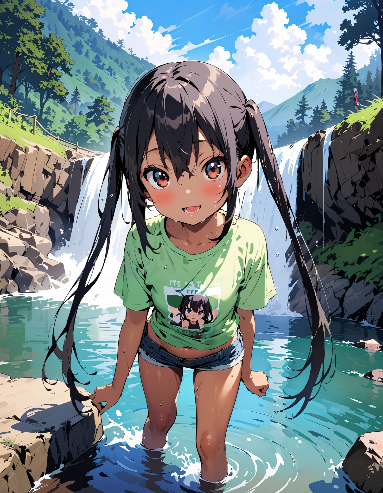 Azusa Nakano, black hair, brown eyes, Alone, long hair,smile,blush, open your mouth, low twin tail, tan, brown skin,green t-shirt ,The hem of the t-shirt is tied, belly button out,river遊び, playing in the water, denim micro shorts ,Wet clothes, wet hair, wet skin, standing, so that the whole body fits into the illustration,
break outdoors, river,Mountain,waterfall,forest,
break looking at viewer,
break ( Masterpiece:1.2), top quality , kampala, Unity 8k Wallpaper,(shape:0.8),( fine, beautiful eyes :1.6),It's a person , full body photo,CG Details , ( perfect hands, Complete Anatomy),