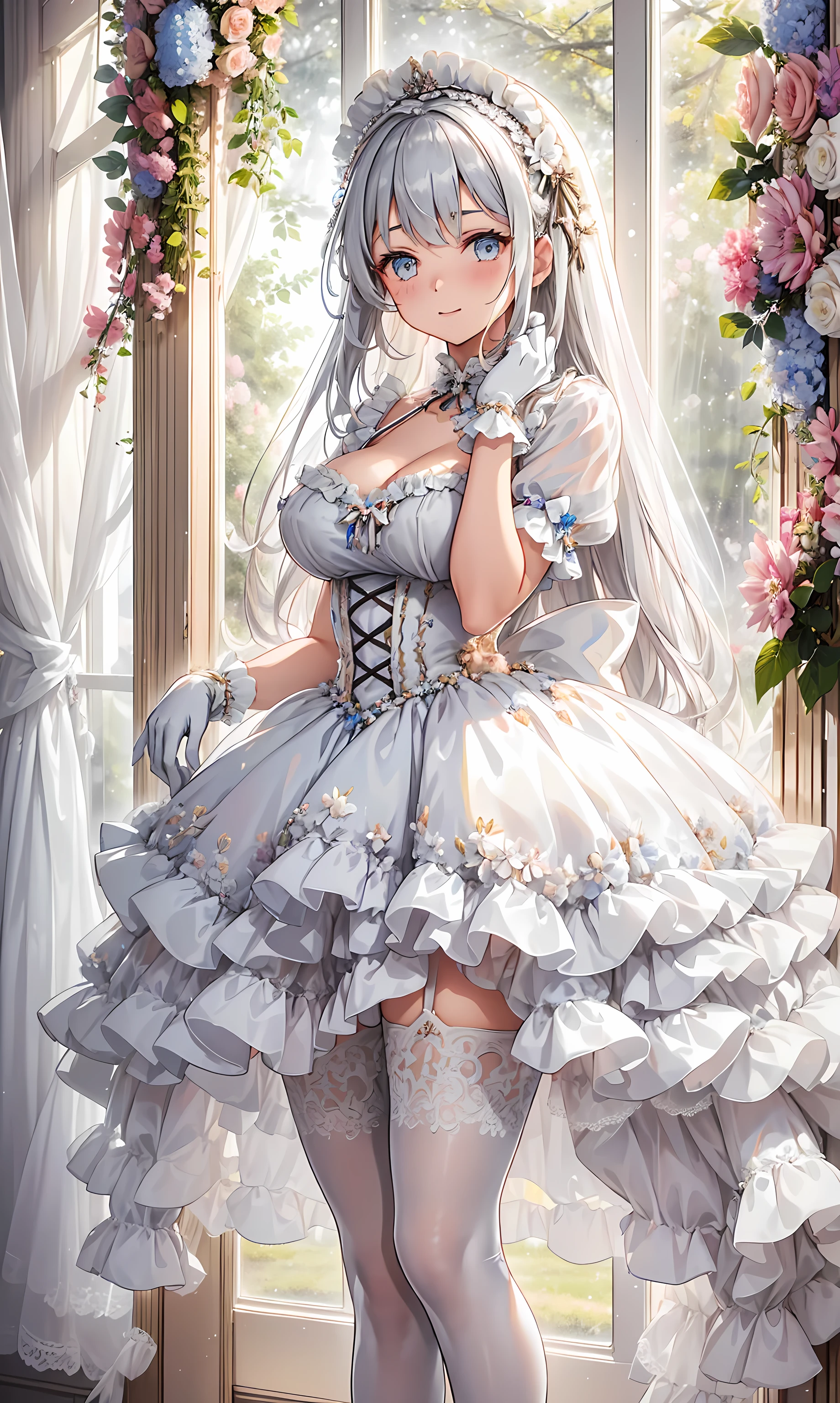  milkshake ，Attractions，  Have Fun  ，in love，( girl in white modern shirt 、 dress and pantyhose :1.2)，(   white ruffle bow gloves   )， Silver Hair ，  golden eyes，Sacred headdress，  transparent lace  ， Gorgeous Dress  ，  alone，European bedroom，(night:1.1)，Delicate and beautiful face  ，ta，Flowers on clothes ， colorful flowers，Flowers fall，Flower fly