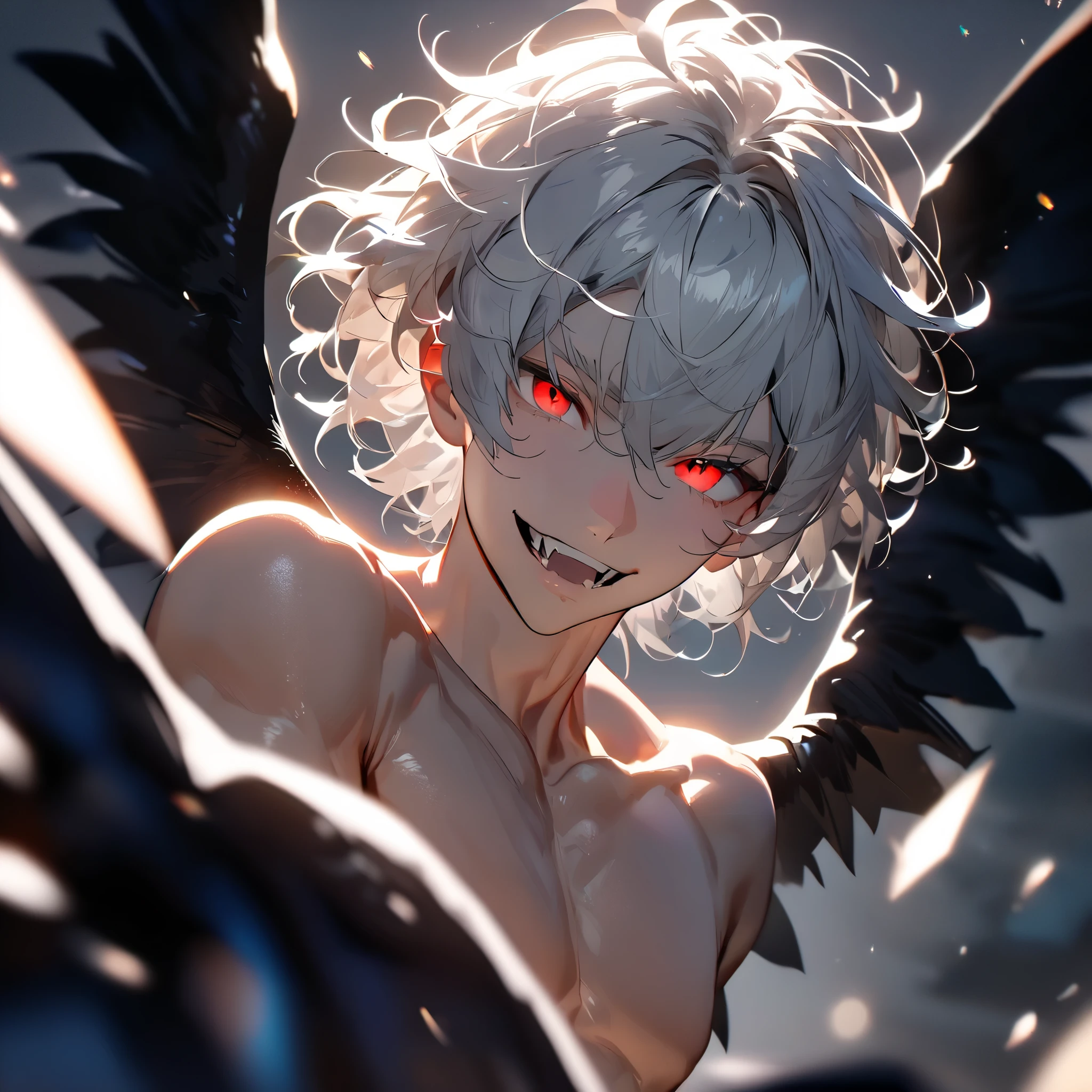 1boy, Solo, High Resolution, Looking at viewer, High Resolution, Masterpiece, Anatomically Correct, Best Quality, High Details, HD, Soft Lighting, Textured Skin, Dynamic Angle, Smile, Blurred Background, Close-Up, Ray Tracing, Reflection Light, Glowing Light, Dark Bedroom's Background.
White Hair, Short Hair, Messy Hair, Red Eyes, Black Wings, Fangs, Sixpack Boy, Black Trousers, Shirtless, Muscular Male.