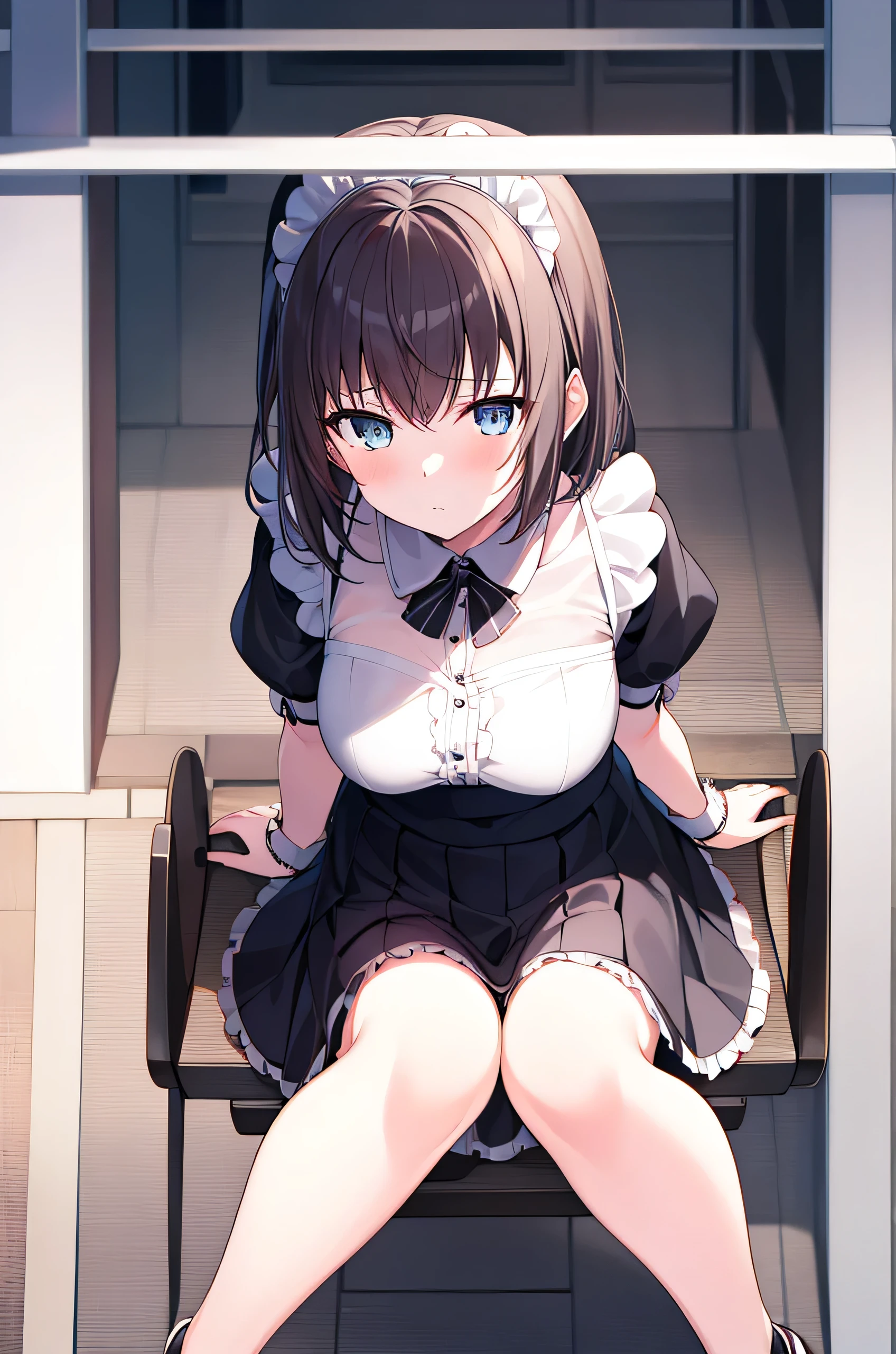 1 girl, , alone, Raised your legs, long_hair, skirt, Black_hair, maid_hat, watching_Take a step back, watching_Shown in_peeking at the viewer, through bangs, Black_Raised your legs, Blushed, Black_skirt, Sam, short_the sleeve, Clothes are_lift, wrists_arm cuffs, Decorative style, skirt_lift, big deal_, lifted_pasado_self-expression, Translucent liquid comes from_Shown in后面, maid, fluffy_short_the sleeve, side lock, fluffy_the sleeve, cropper_top, blunt_through bangs, , awas_mGet outh, big deal腿, Black_There are eyes, chair, kneeling, frilly_skirt, _Get out, Shown in室内, window,