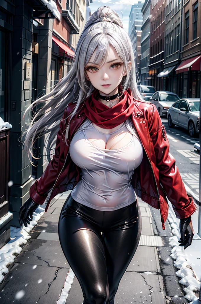 (Yaedef :1.4), 8K, highres, ultra detailed, (obra maestra:1.4), (( perfect hands)), best quality photo, Sakuya Shirase, symmetrical body, sensual lips, slender legs , badass anime girl , bright clothes, beautiful, Alone, of foot, Tender Pose, seen from the front , tender look, long ponytail black hair, detailed face , detailed eyes , amber yellow eyes , choker :1.6, choker :1.6, ((red scarf)), (( red leather jacket)), ((( shiny black leggings))), ((shiny black gloves )), ((calle con snow)), city, (cloudy), Snowing, snow