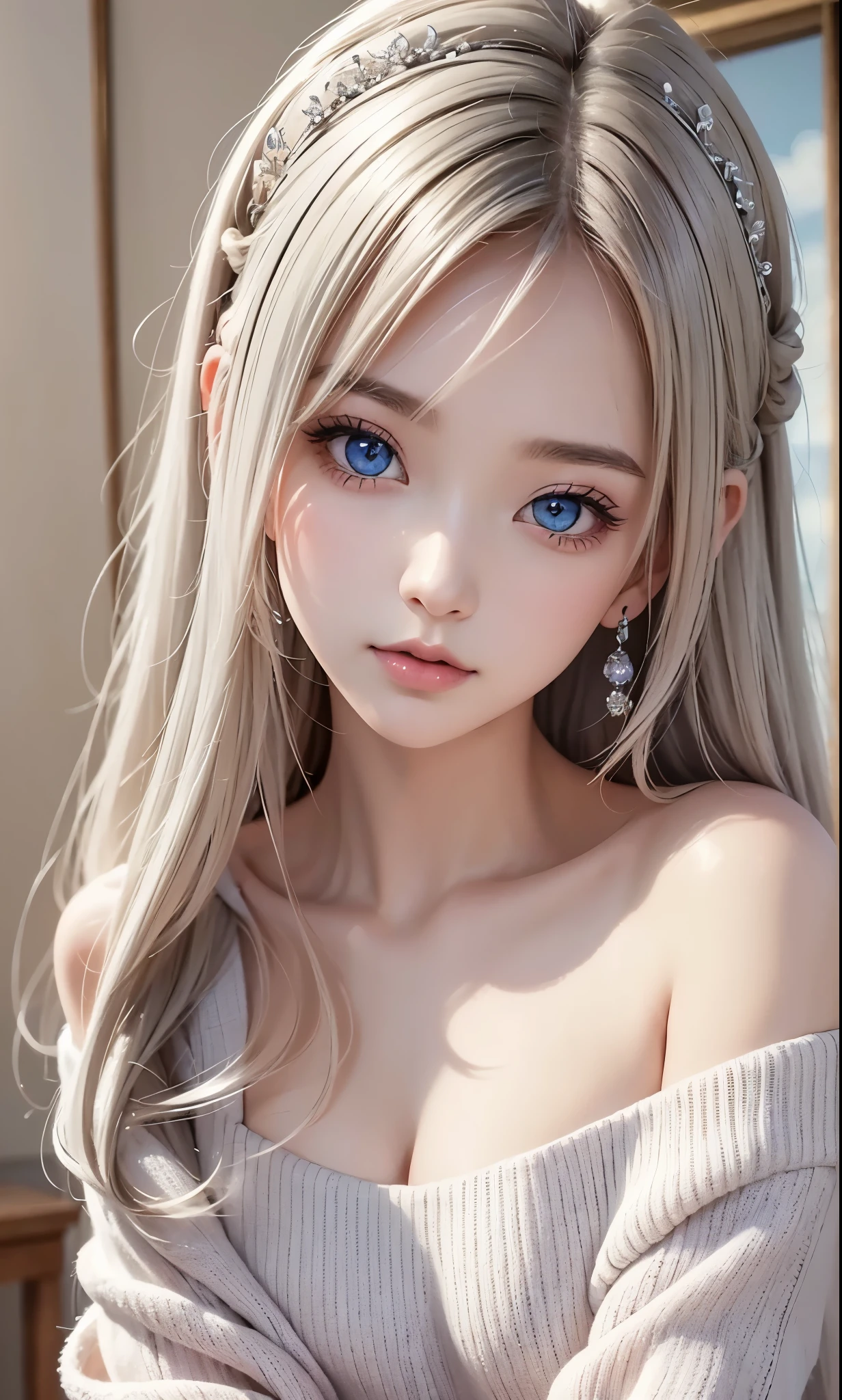 There is a woman in a white dress, artwork in the style of Gwaiz, Gwaiz on pixiv artstation, Gwaiz on artstation pixiv, Gwaiz, Fantasy art style, Gwaiz masterpiece, Beautiful and elegant queen, Beautiful character drawings, Detailed digital anime art, Blonde Princess, Gray Hair, Sky blue eyes, Pink Lips, off shoulder sweater, cool girl face, beautiful eyes, face type, reika, Tilt her head, ((from over head))