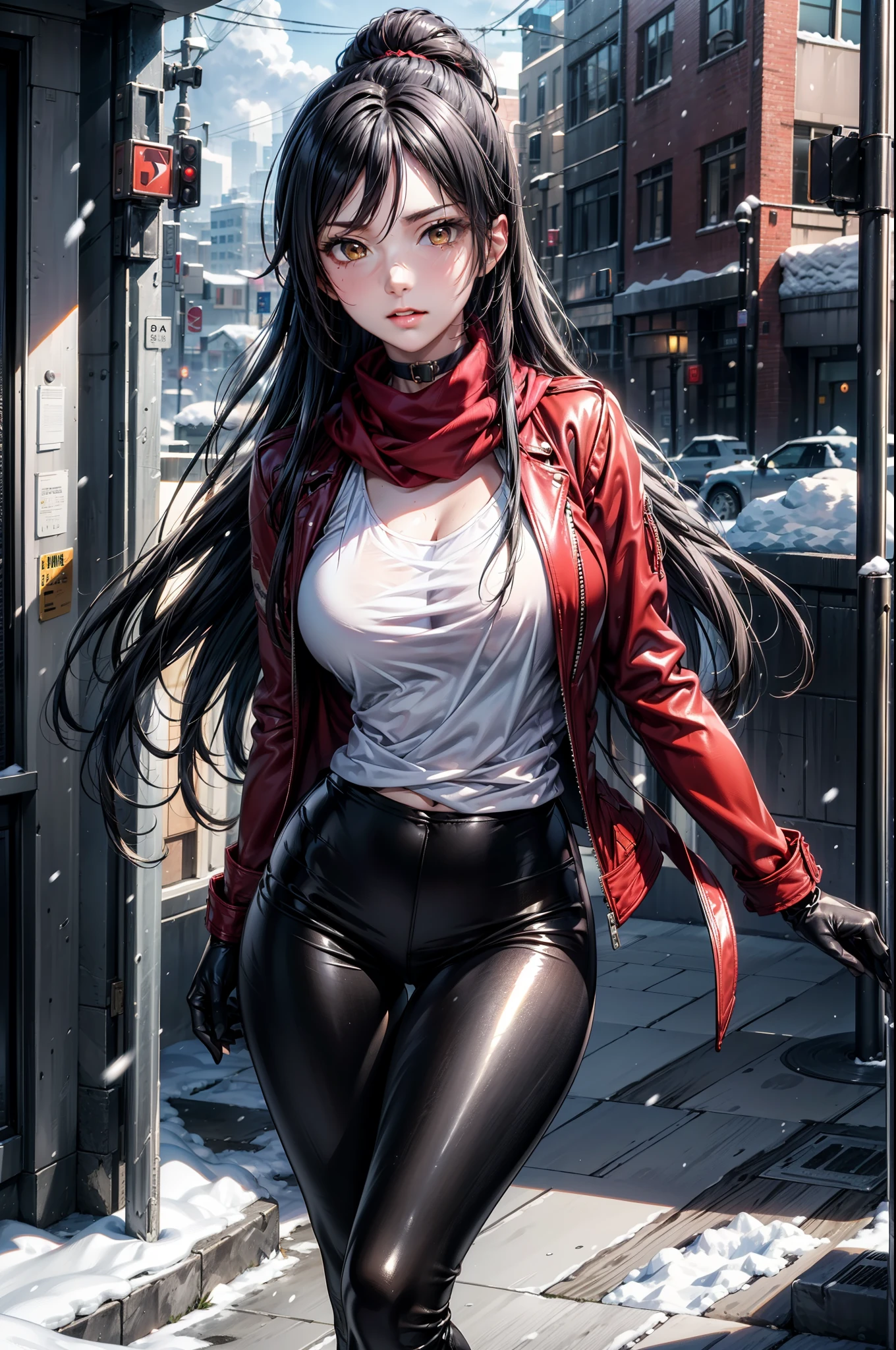 (Yaedef :1.4), 8K, highres, ultra detailed, (obra maestra:1.4), (( perfect hands)), best quality photo, Sakuya Shirase, symmetrical body, sensual lips, slender legs , badass anime girl , bright clothes, beautiful, Alone, of foot, Tender Pose, seen from the front , tender look, long ponytail black hair, detailed face , detailed eyes , amber yellow eyes , choker :1.6, choker :1.6, ((red scarf)), (( red leather jacket)), ((( shiny black leggings))), ((shiny black gloves )), ((calle con snow)), city, (cloudy), Snowing, snow