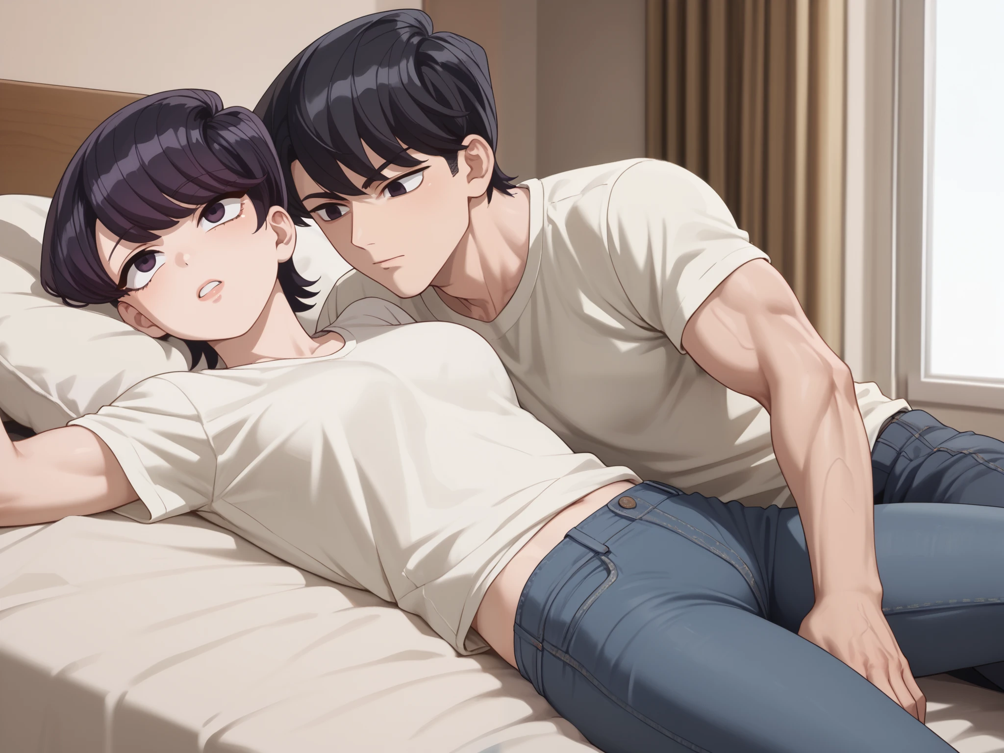 shuuko komi, short hair, black hair, black eyes, half-closed eyes, shirt, white shirt, short sleeves, pants, denim, jeans, 1girl, 1boy, manly, muscle_boy, lying, hotel, bed, room, netorare, scared_her, medium_breast, pants_pull, panties, legs, semi naked, ((( best quality, high definition, detailed face ))),