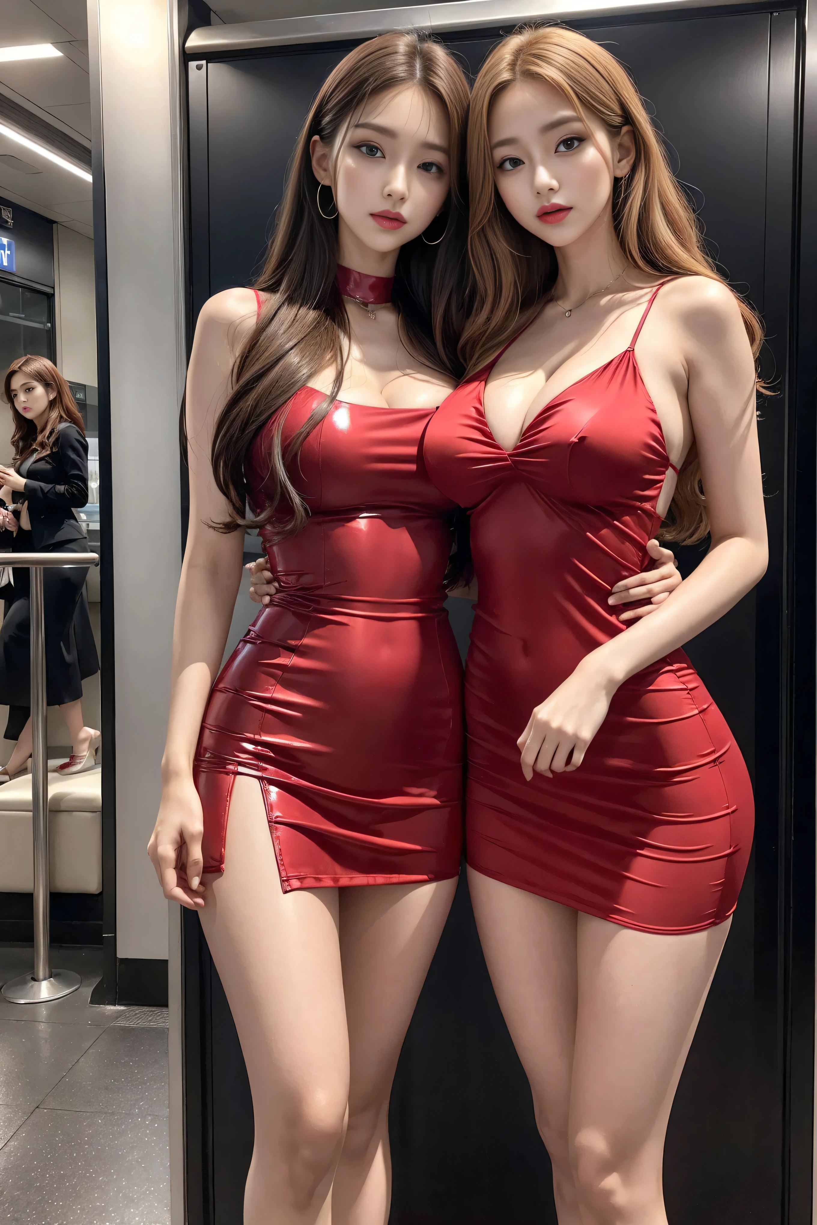 ( 2 girls),  K-pop idol ， Beautiful , amazing face ， big blue eyes , Double eyelid long lashes ， sexy and plump red lips ， golden curls，cosmetic, (Extremely delicate beautiful face), (The sexiest look), ( Beautiful  big breasts:1.1), ( best quality:1.4), ( super detailed), ( Extremely detailed CG unified 8k wallpaper ),  Very detailed,  original photo of the bedroom, Professional Photography, （Sexy long legs：1.4），（Thigh gap：1.5），((red silk dress)), (Latex mini skirt), (Mini dress),Tokyo Subway Station、MRT station，whole body。