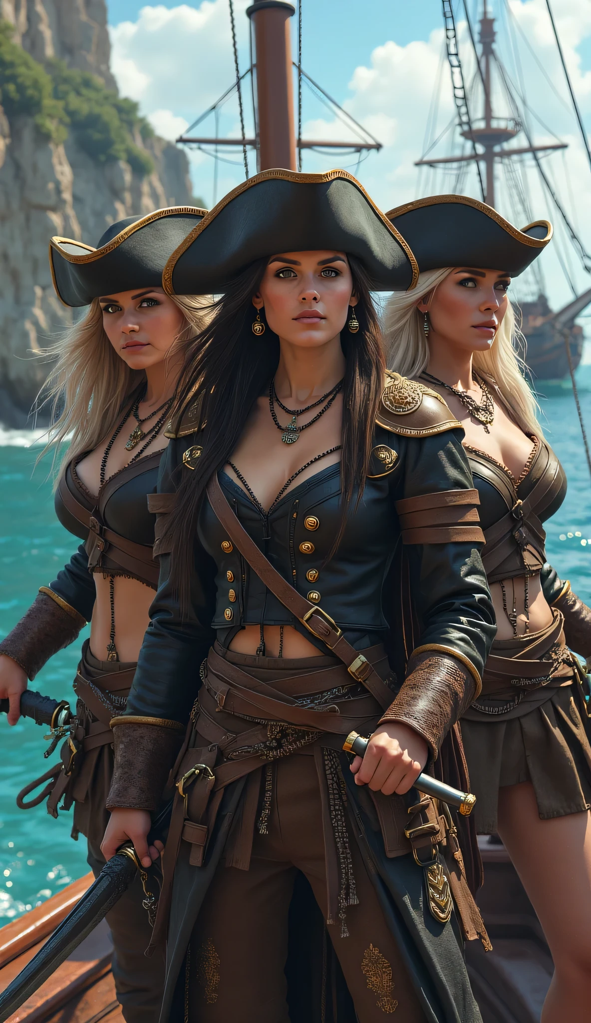 female pirate taken to prison, ( pirate: 36yo, hanging, extremally bent, (chained wrists), Long legs apart, very detailed face, detailed eyes, captain hat, perfect body, round soft brests, extremally tattoed),( prison: dungeon, chains, darknes, crowded indian soldiers, around, British East India Company uniforms, weapons,), realistic fantasy, strong sense of three-dimensional by Chesley Bonestell