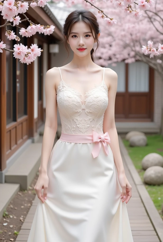 An innocent 14-year-old girl、((White shirt、No sleeve、White Micro Mini Skirt、Cute and elegant、whole body、Thighs)),、(look back)、(Beautiful belly button、thin)、Long Hair、RAW Photos, (8k、highest quality、masterpiece:1.2)、(Intricate details:1.4)、(Realistic:1.4)、Octane Rendering、Complex 3D rendering with ultra-detail, Studio Soft Light, Rim Light, Sharp details, Super Detail, Realistic skin texture, detailed aspects, Beautiful details in the eyes, Highly detailed CG Unity 16k wallpaper, Compensate, (Detailed Background:1.2), Glowing Skin, A shy smile、Thighsを露出して、White high heels、Bright lighting、Just got out of the bath、((Sleep on your back))、Raise your arms、Emphasized cleavage、((((Ride on the radish、細いRide on the radish、Holding radish in hand))))