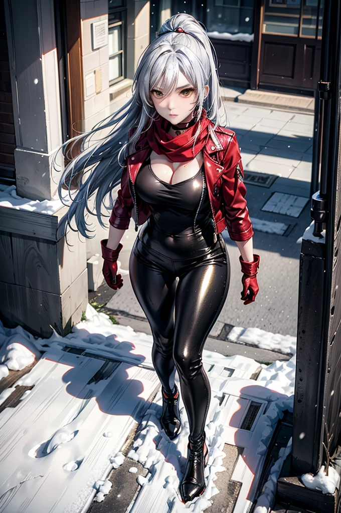 (RAW photo, best quality, mastery:1.2), (realistic, photo-realistic:1.4),(masterpiece:1.4),(best quality:1.4),1girl, solo, :d, animal ear headphones, animal ears, arms up, bangs, blush, tights, big breasts, rabbit pose, clothes writing, covering navel, denim shot, Short jacket, fake animal ears, gloves, outdoor, morning, snow, hair intake, headphones, impossible tights, impossible clothes, jacket, big breasts, latex, latex tights, long hair, long sleeves, looking at the audience, big breasts, multicolored gloves, open mouth, black tights, pink eyes, red eyes, red jacket, shiny clothes, shrugging \(clothes\), locks side, tight, smile, thigh gap, thighs, double ponytail, very long hair, white gloves, white hair, alice\(nikke\),(shiny skin), realistic,