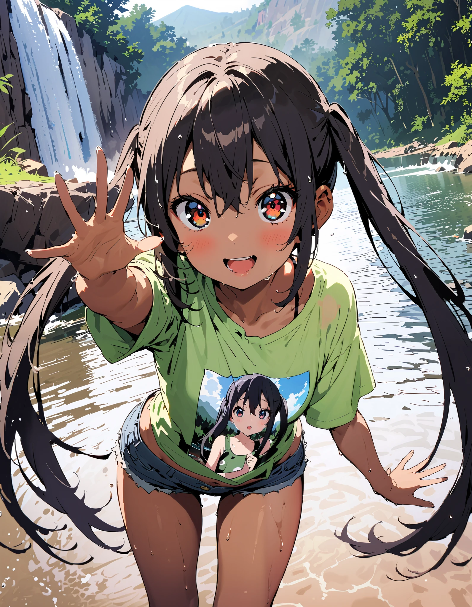 Azusa Nakano, black hair, brown eyes, Alone, long hair,smile,blush, open your mouth, low twin tail, tan, brown skin,green t-shirt ,The hem of the t-shirt is tied, belly button out,river遊び, playing in the water, denim micro shorts ,Wet clothes, wet hair, wet skin, standing, so that the whole body fits into the illustration,
break outdoors, river,Mountain,waterfall,forest,
break looking at viewer,
break ( Masterpiece:1.2), top quality , kampala, Unity 8k Wallpaper,(shape:0.8),( fine, beautiful eyes :1.6),It's a person , full body photo,CG Details , ( perfect hands, Complete Anatomy),