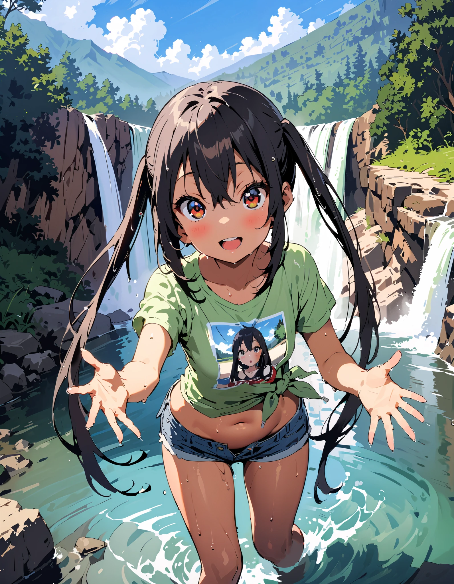 Azusa Nakano, black hair, brown eyes, Alone, long hair,smile,blush, open your mouth, low twin tail, tan, brown skin,green t-shirt ,The hem of the t-shirt is tied, belly button out,river遊び, playing in the water, denim micro shorts ,Wet clothes, wet hair, wet skin, standing, so that the whole body fits into the illustration,
break outdoors, river,Mountain,waterfall,forest,
break looking at viewer,
break ( Masterpiece:1.2), top quality , kampala, Unity 8k Wallpaper,(shape:0.8),( fine, beautiful eyes :1.6),It's a person , full body photo,CG Details , ( perfect hands, Complete Anatomy),