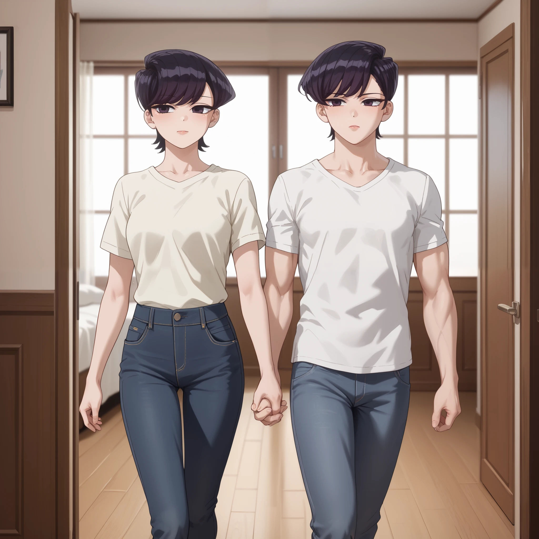 shuuko komi, short hair, black hair, black eyes, half-closed eyes, shirt, white shirt, short sleeves, pants, denim, jeans, 1girl, 1boy, muscle_boy, short hair boy, walking, holding hands, indoors, hotel, aisle, rooms, netorare ((( best quality, high definition, detailed face))),