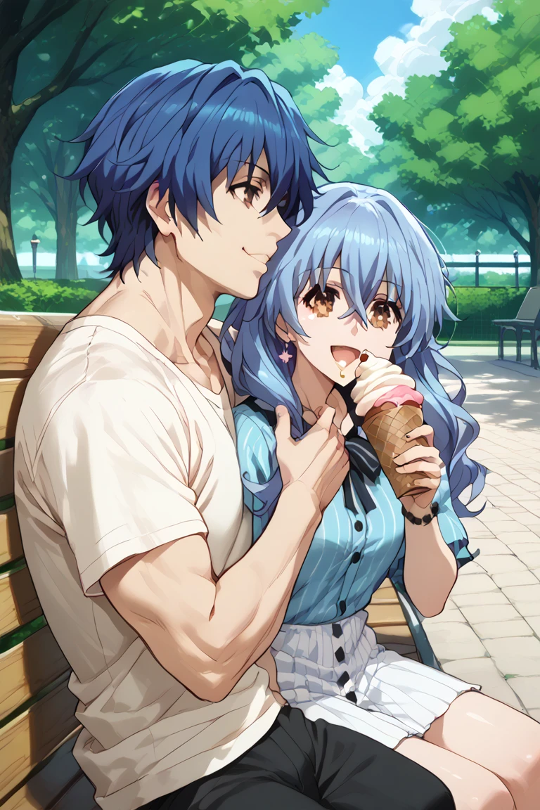 Shido , yoshino, eating ice cream, juntos, couple, park bench, happy. 