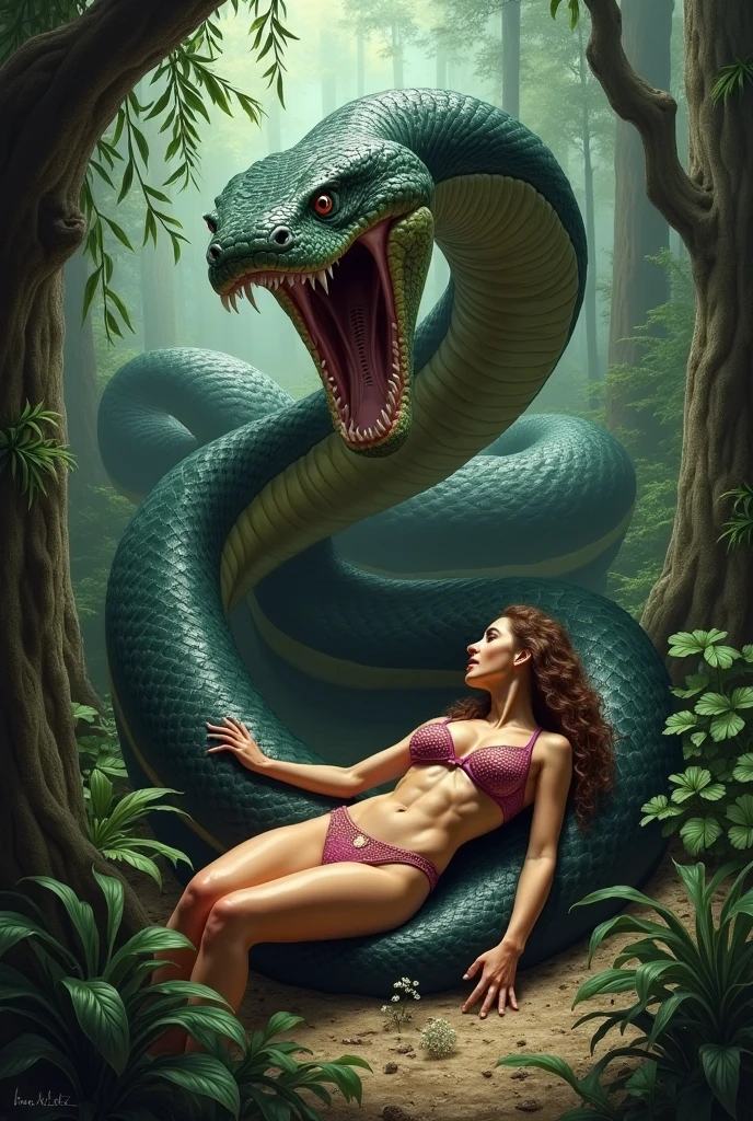 Pregnant Happy Horny, aroused 1girl), beautiful kneeling blonde young teen girl with giant colossal Kaa monster squeezing her hard, wrapped in thick spiraling coils, constricted, struggle, gasping for air, snake attack, snake peril, moonless night, dim light
