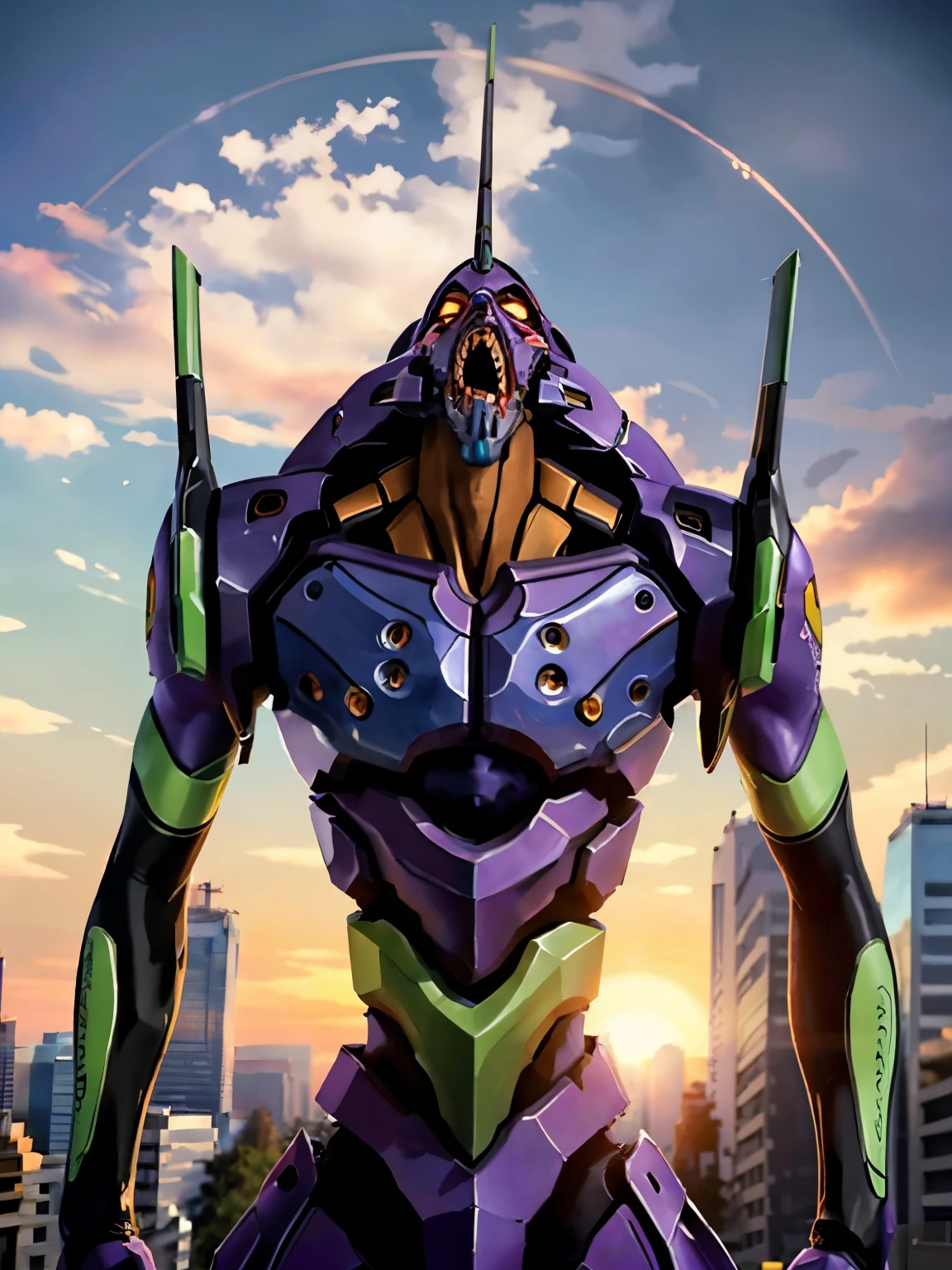 Eva01), (Eva初号機), by Nomi, Eva, evangelion mecha by Nomi, SF, stares at the audience , ( Official Art, Mejor calidad , masterpiece: 1.2), High Definition , background, 8K HDR,(Extremely biological ),( has a pro knife ),( see a beautiful abstract background {x} smooth body surface like a living thing ),( A futuristic city with few bullets and beautiful organic stuff ),( head is the first unit ),( Organic giant ), full body portrait in front of ,(Broad shoulders),( musculoskeletal 々),( with a bent back ),( Saturn Stance ),( can see internal teeth when opening the mouth ),( Beautiful Sunset ),( Extremely Wide Shouldered ),(The 200-meter-tall giant ), Unicorn、( body like a bodybuilder )