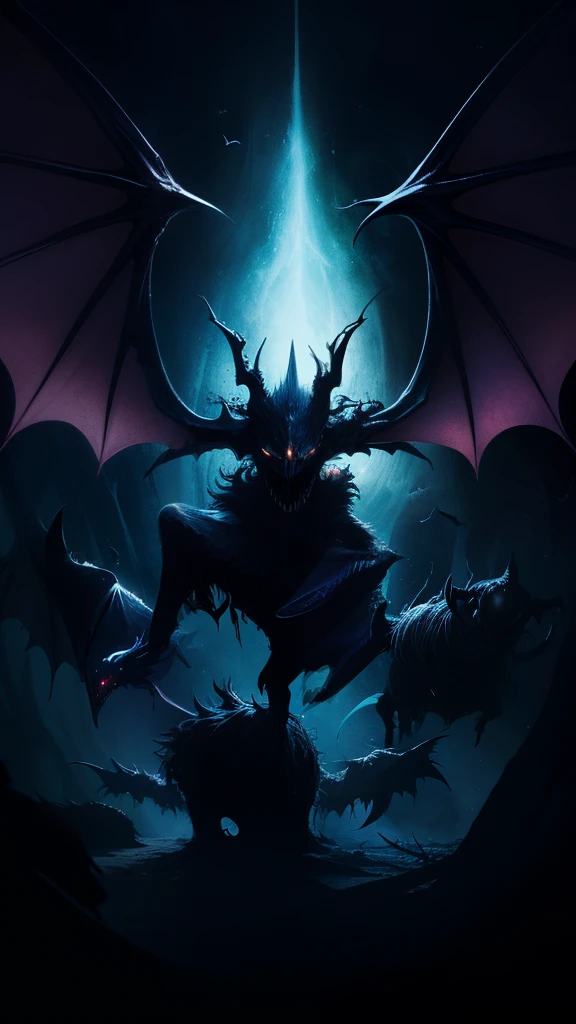 3D animated style image of a devil with large twisted horns, outstretched membranous wings, and flaming eyes that emit an intense glow. He is surrounded by bright souls of blue light that float around him, contrasting with his dark figure. The devil finds himself in a dark, thick forest, with tall, twisted trees, shrouded in deep shadows. The scene is disturbing, with an atmosphere of mystery and danger palpable in the air.