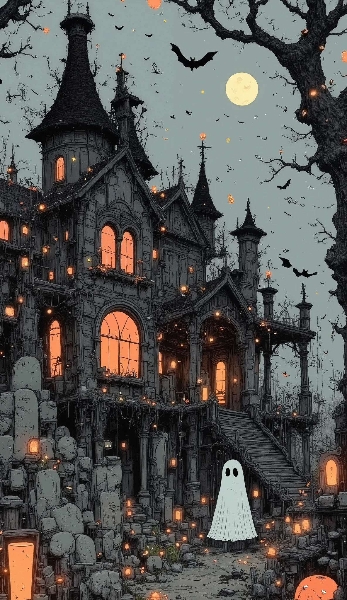 (best quality,4k,8k,highres,masterpiece:1.2),ultra-detailed,(realistic,photorealistic,photo-realistic:1.37),haunted mansion, abandoned house, dilapidated building, creepy atmosphere, moonlight, cobweb, moss covered walls, cracked windows, flickering candles, dark shadows, eerie sounds, hidden secrets, gothic architecture, horror, moody lighting, gloomy color palette, mist, fog, supernatural elements
