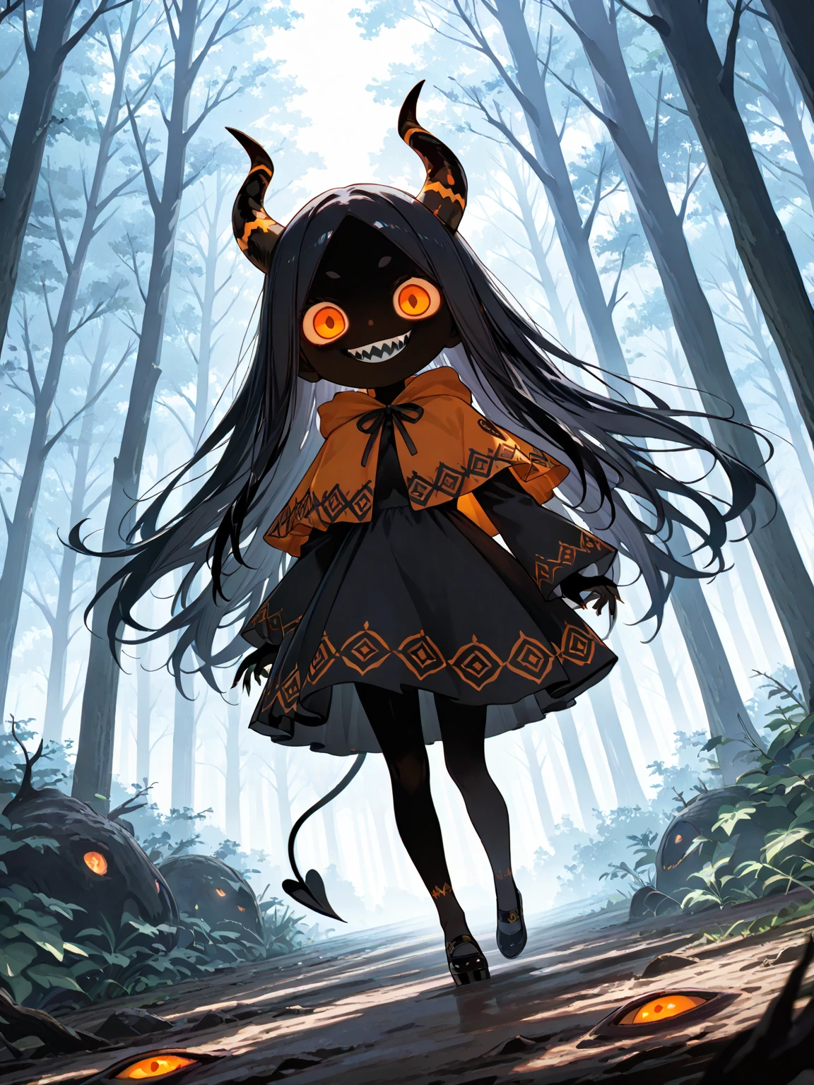 (solo:1.3), 1girl\(devil, beautiful, evil, (pure black skin),sharp teeth,cute,kawaii,big eyes,evil smile,(long nail),orange eyes,orange sclera, detailed pupils,wearing capelet\(very big,(very long),Tattered,(traditional_patterned:1.2),very detailed face,\), backlit,flying\). BREAK .background\(detailed dead trees, in the forest,dark horror mood\),(dynamic angle:1.2). BREAK .masterpiece, high score, great score, very aesthetic, high resolution, ultra-detailed, absurdres, newest, scenery, depth of field,3d