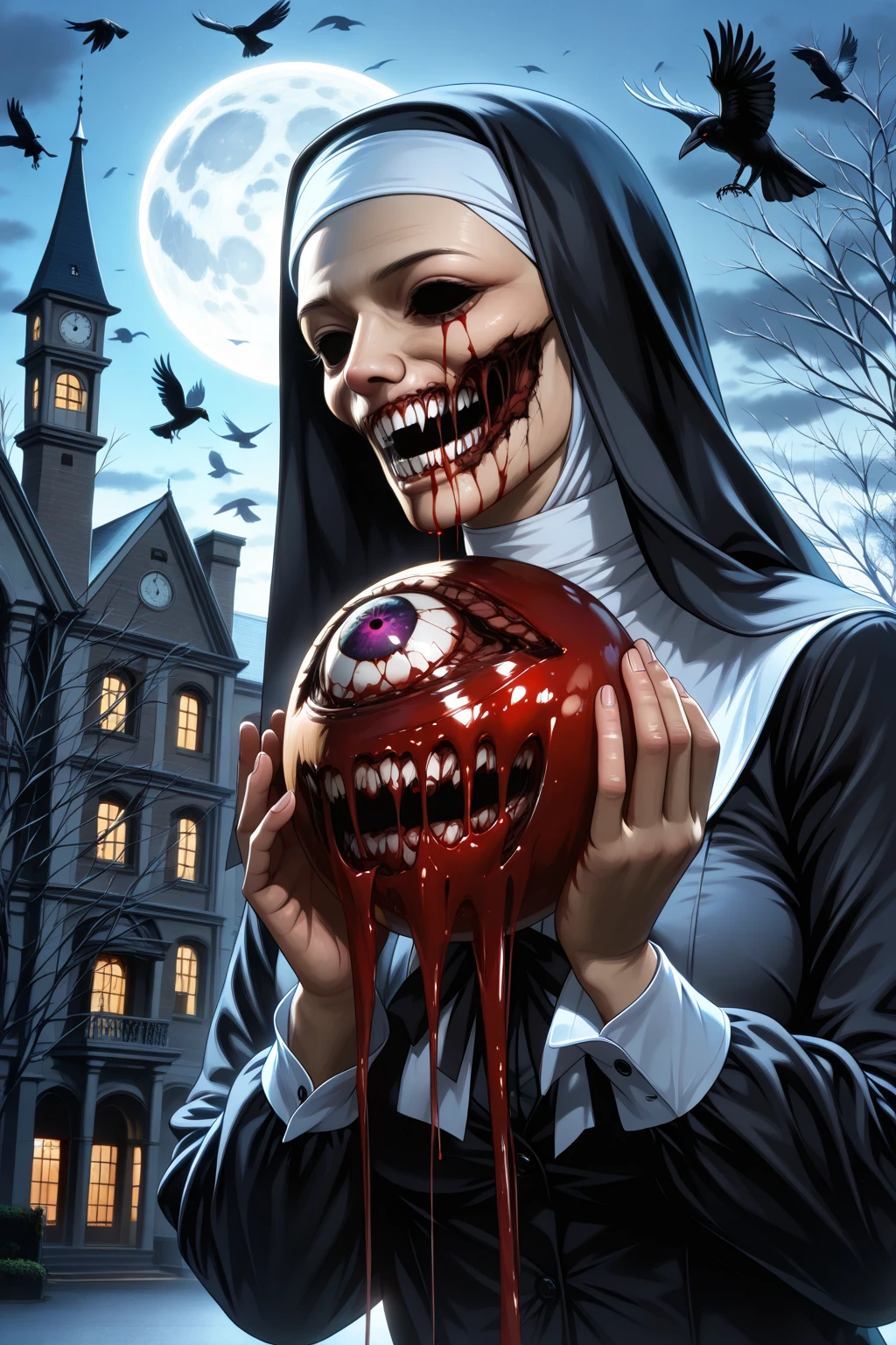 terrifying nun, yellow eyes, torn skin, facial wounds, ultra-detailed face, disturbing inactive pose, full body, terrifying smile expression, disturbing scene, defying the camera, terrifying Victorian church background, vibrant, intense red and black colors, ultra-detailed complex scene, ray tracing, reflections, night scene with big moon, highest quality, 8k, ultra-details
