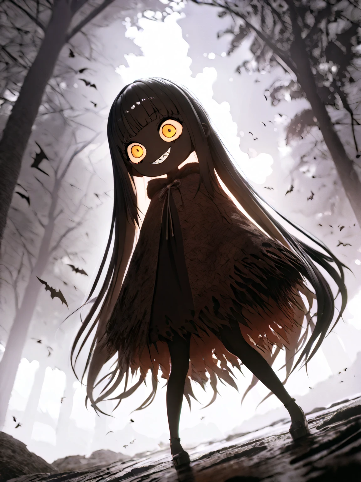 (solo:1.3), 1girl\(devil, beautiful, evil, (pure black skin),sharp teeth,cute,kawaii,big eyes,evil smile,(long nail),orange eyes,orange sclera, detailed pupils,wearing capelet\(very big,(very long),Tattered,(traditional_patterned:1.2),very detailed face,\), backlit,flying\). BREAK .background\(detailed dead trees, in the forest,dark horror mood\),(dynamic angle:1.2). BREAK .masterpiece, high score, great score, very aesthetic, high resolution, ultra-detailed, absurdres, newest, scenery, depth of field,3d