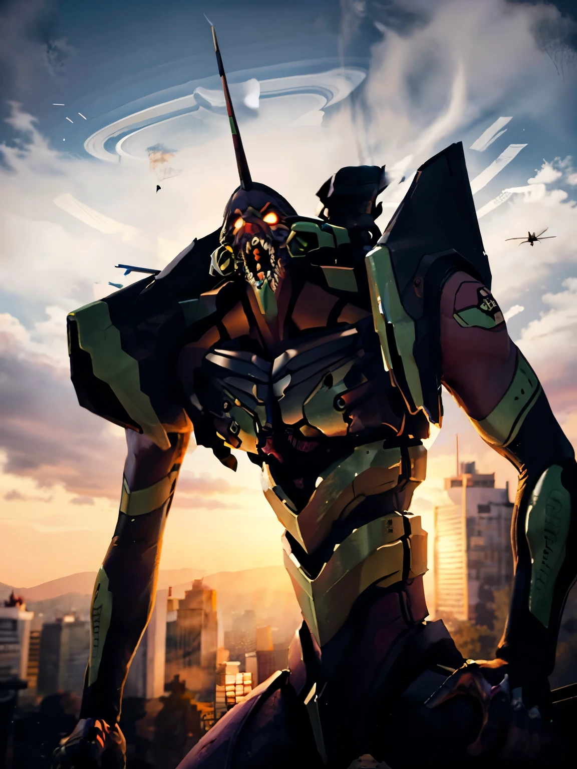 Eva01), (Eva初号機), by Nomi, Eva, evangelion mecha by Nomi, SF, stares at the audience , ( Official Art, Mejor calidad , masterpiece: 1.2), High Definition , background, 8K HDR,(Extremely biological ),( has a pro knife ),( see a beautiful abstract background {x} smooth body surface like a living thing ),( A futuristic city with few bullets and beautiful organic stuff ),( head is the first unit ),( Organic giant ), full body portrait in front of ,(Broad shoulders),( musculoskeletal 々),( with a bent back ),( Saturn Stance ),( can see internal teeth when opening the mouth ),( Beautiful Sunset ),( Extremely Wide Shouldered ),(The 200-meter-tall giant ), Unicorn、( body like a bodybuilder )