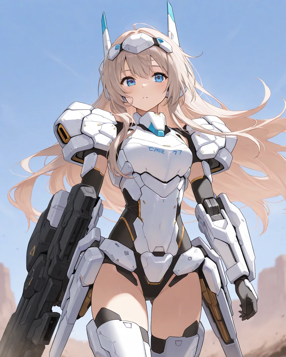 Beautiful girl, long hair, white gray hair, two-tone eyes, blue-pink eyes, bunny ears, large breasts, , bulletproof armor, anime girl, red-pink lips, holding a gun.