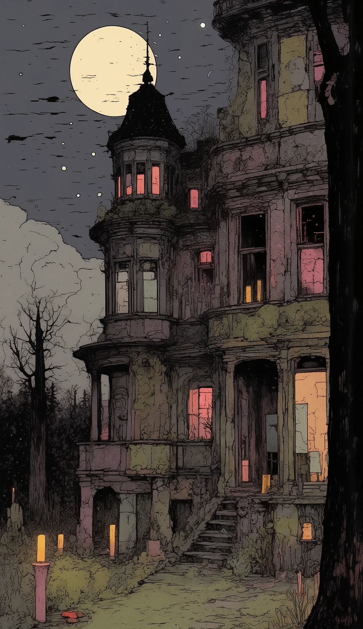 (best quality,4k,8k,highres,masterpiece:1.2),ultra-detailed,(realistic,photorealistic,photo-realistic:1.37),haunted mansion, abandoned house, dilapidated building, creepy atmosphere, moonlight, cobweb, moss covered walls, cracked windows, flickering candles, dark shadows, eerie sounds, hidden secrets, gothic architecture, horror, moody lighting, gloomy color palette, mist, fog, supernatural elements