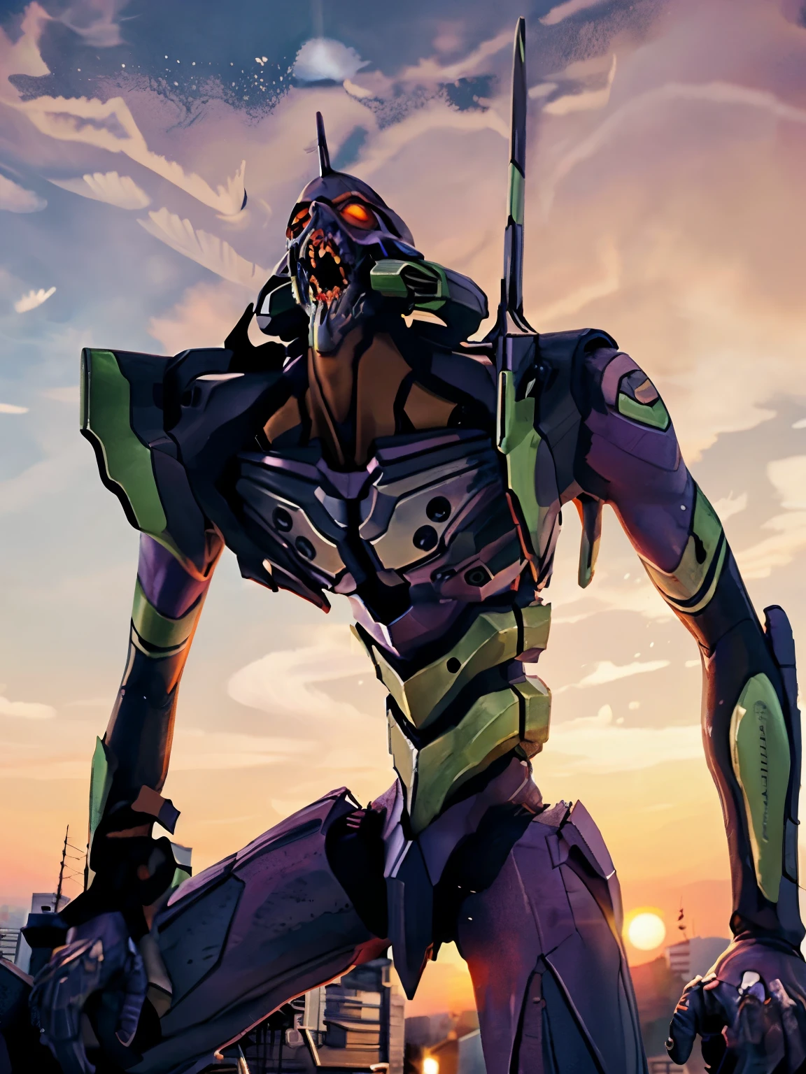 Eva01), (Eva初号機), by Nomi, Eva, evangelion mecha by Nomi, SF, stares at the audience , ( Official Art, Mejor calidad , masterpiece: 1.2), High Definition , background, 8K HDR,(Extremely biological ),( has a pro knife ),( see a beautiful abstract background {x} smooth body surface like a living thing ),( A futuristic city with few bullets and beautiful organic stuff ),( head is the first unit ),( Organic giant ), full body portrait in front of ,(Broad shoulders),( musculoskeletal 々),( with a bent back ),( Saturn Stance ),( can see internal teeth when opening the mouth ),( Beautiful Sunset ),( Extremely Wide Shouldered ),(The 200-meter-tall giant ), Unicorn、( body like a bodybuilder )