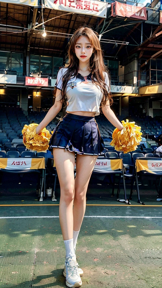 top quality、highest resolution、very detailed、masterpiece、raw photo:2、realistic:2、realistic:2、very delicate and beautiful、in detail、full shot、1 woman、Japanese、22 years old、(Professional baseball team cheerleading)、(stadium cheering seats)、(beautiful face:1.5)、Cheering Uniform、(mini skirt:1.5)、tall、brown hair、putting on makeup、textured skin、(bare legs:1.5)、perfect proportions