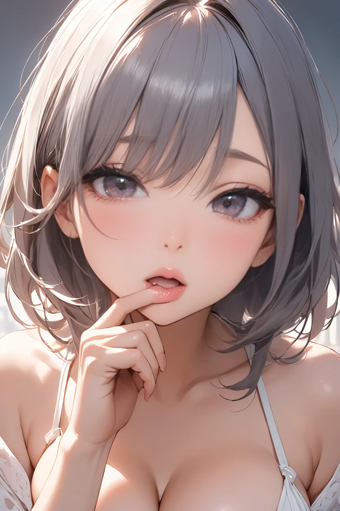 masterpiece, top-quality, 1girl in、Sagume, Silver-haired medium hair,Silver eyes, fullnude,Bedroom background、One Wings of an Angel、Hide your mouth with one hand、Colossal tits、A slender、full body seen、enchanting posture、It is dripping with the mouth open and the tongue sticking out、red blush、Embarrassed face、laying on back、beautiful countenance、good breasts