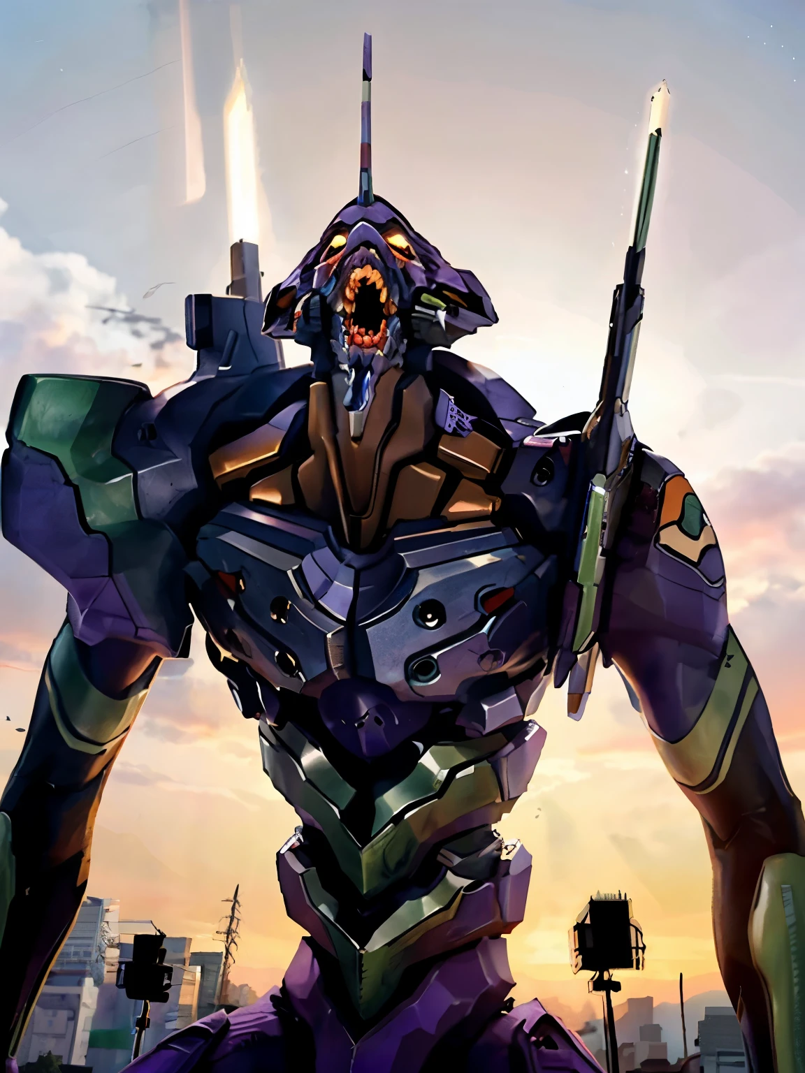 Eva01), (Eva初号機), by Nomi, Eva, evangelion mecha by Nomi, SF, stares at the audience , ( Official Art, Mejor calidad , masterpiece: 1.2), High Definition , background, 8K HDR,(Extremely biological ),( has a pro knife ),( see a beautiful abstract background {x} smooth body surface like a living thing ),( A futuristic city with few bullets and beautiful organic stuff ),( head is the first unit ),( Organic giant ), full body portrait in front of ,(Broad shoulders),( musculoskeletal 々),( with a bent back ),( Saturn Stance ),( can see internal teeth when opening the mouth ),( Beautiful Sunset ),( Extremely Wide Shouldered ),(The 200-meter-tall giant ), Unicorn、( body like a bodybuilder )