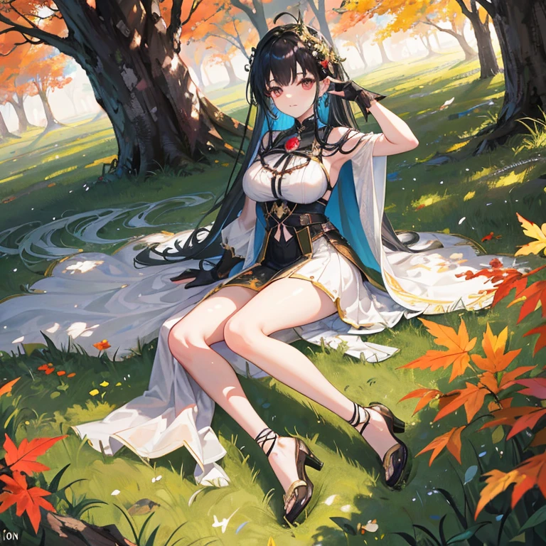 ((highest quality)),(ultra high resolution),(Super detailed),(detailed description),((best CG)),(best work of art),super precision art,amazing drawing art,(Fantasy art with precise details:1.5), Colorful flowers are blooming on the ground々birds gather。She is sleeping peacefully on a bed of flowers, surrounded by the soft and warm sunlight.。