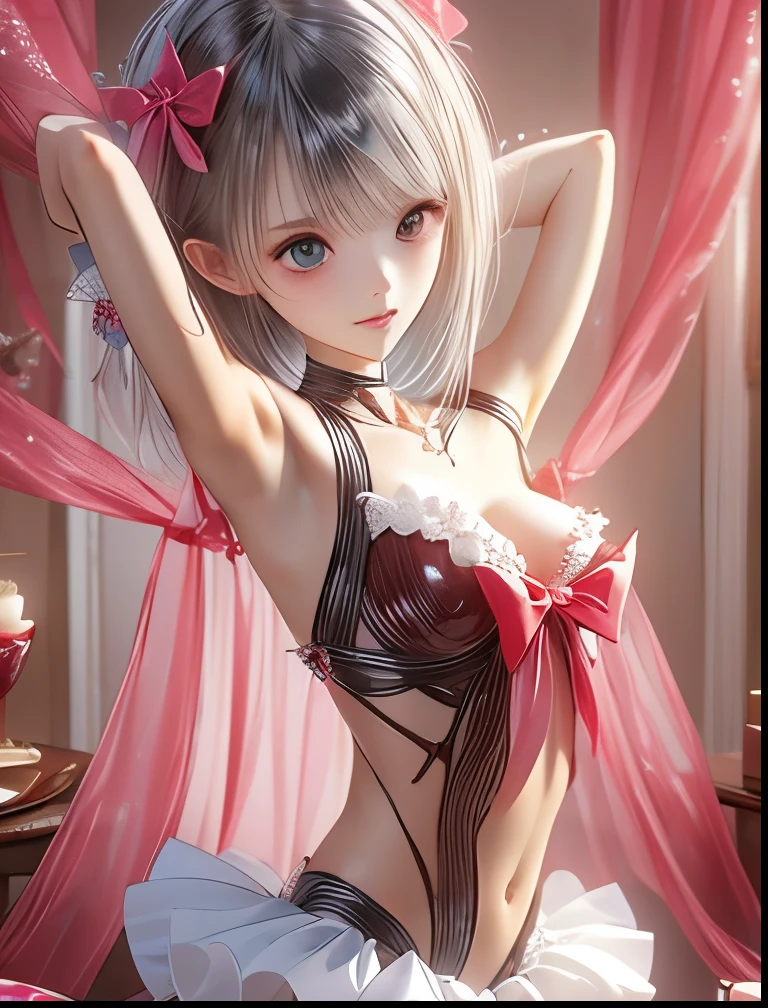 (((SFW、Accuracy、Highest quality、 A first-class masterpiece 、 Normal body 、32K、 Detailed faces 、 super precision 、 Normal Hands 、5 fingers、Highest、3d)))、" BLUEREFLECTION"、Hinako Shirai、 hinako、Silver-white hair、 bob cut、Heterochromia(Blue and Black)、 Odd Eye(Blue and Black)、Transformation Magical Girl、Reflector、 short、Big Breasts、 slender、 slim、Half naked、Muscle Exposure、Navel exposed、Wrapping Ribbon、ribbon underwear、Ribbon Bondage、Naked Ribbon、 Valentine's Day Chocolate、 presents are for me 、Stretch your arms out in front of you、Offer a gift box、Hug Pose、 Chocolate Decorate Yourself、Body Decorations 、Whole-body chocolate、 bedroom、嬉し恥ずかしred面微笑、Covered with chocolate、 present ribbon to be presented (red)