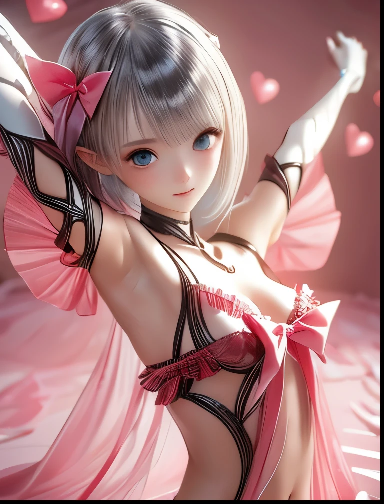 (((SFW、Accuracy、Highest quality、 A first-class masterpiece 、 Normal body 、32K、 Detailed faces 、 super precision 、 Normal Hands 、5 fingers、Highest、3d)))、" BLUEREFLECTION"、Hinako Shirai、 hinako、Silver-white hair、 bob cut、Heterochromia(Blue and Black)、 Odd Eye(Blue and Black)、Transformation Magical Girl、Reflector、 short、Big Breasts、 slender、 slim、Half naked、Muscle Exposure、Navel exposed、Wrapping Ribbon、ribbon underwear、Ribbon Bondage、Naked Ribbon、 Valentine's Day Chocolate、 presents are for me 、Stretch your arms out in front of you、Offer a gift box、Hug Pose、 Chocolate Decorate Yourself、Body Decorations 、Whole-body chocolate、 bedroom、 happy and embarrassed 、Blushing smile、Covered with chocolate、Hold out the red present ribbon