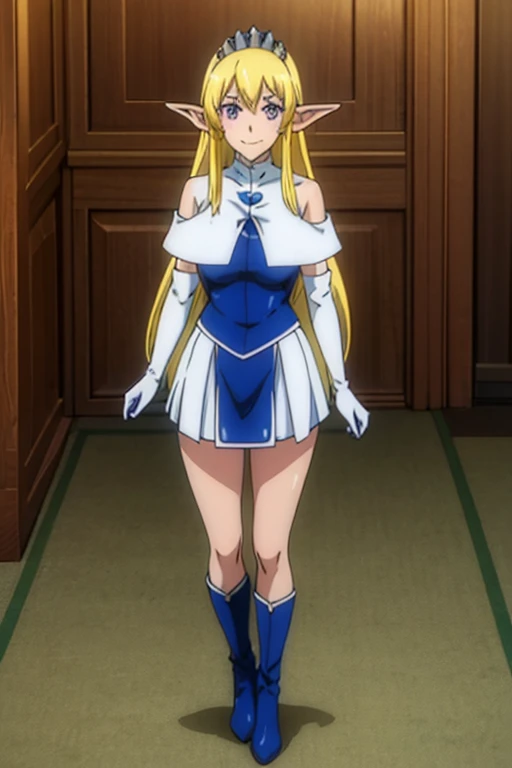 NinaAslato, 1girl, elf, pointy ears, blonde hair, long hair, purple eyes, jewelry, tiara, blue turtleneck leotard, miniskirt, knee boots, elbow gloves, 1girl, solo, upper body, facing viewer, looking at viewer, smile,