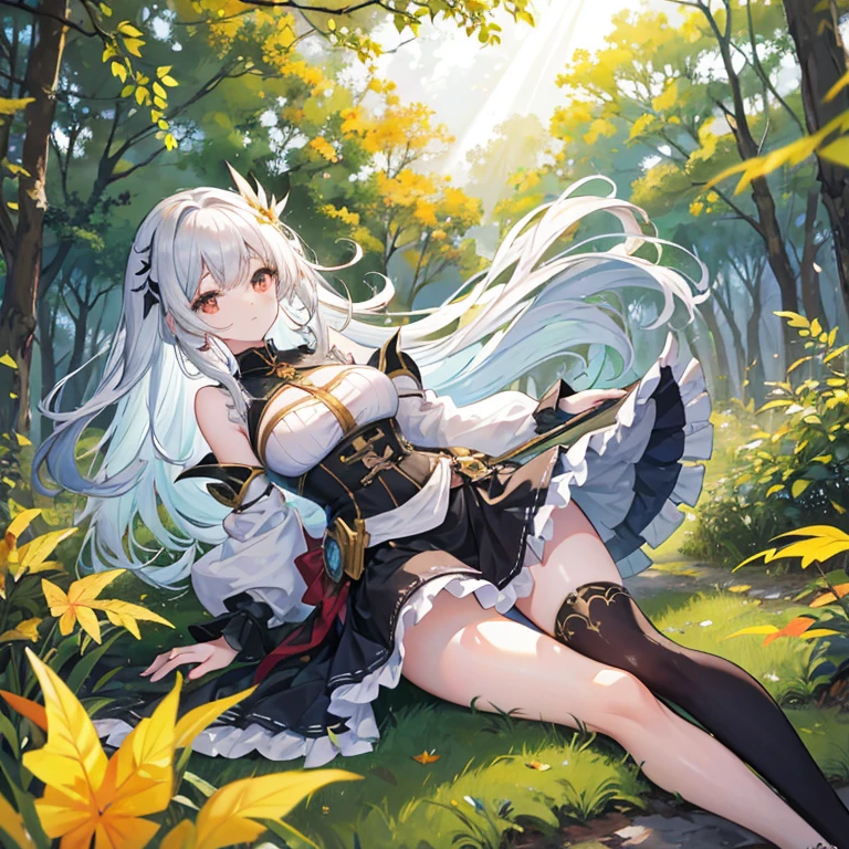 NSFW、masterpiece, highest quality, Ultra - High resolution, highest resolution, very detailed, professional lighting、and soul、1 girl、Slender, very cute, young face, hands are tied、armored dress, Blue and white armor、white inner、golden decoration、torn clothes、wet clothes、thin clothes、fluffy chest、blonde hair, blue eyes, It's so bright to be crying、tears、sleep on your side、spread legs、raise her legs、cleavage、 (multiple goblins:1.5)、attacked by goblins、in the forest