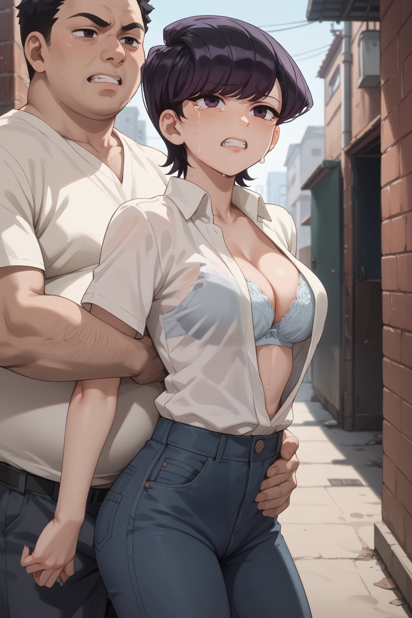 Tall mom teacher possing seductive wiht small son photo in the street, unparalleled masterpiece, ultra realistic 8k CG, perfect artwork, (1girl:1.1 with small youn son 8 boy) , mom with son photo , ((perfect female figure)), (nsfw), looking at viewer, mature female with young boy , bimbo (android 18) standing seductive with son , (teasing), best quality:1.1 , seductive posture, sexy pose, alluring, (beautiful), (curvy), (thick), blonde hair, (blue eyes:1.2), short hair, earrings, jewelry, denim vest, open vest, black pantyhose, black shirt, denim skirt, striped long sleeves, blue skirt, toned legs, fit, (abs:1.1), (big butt:1.4), peach ass, (athletic body:1.2), (large breasts:1.3, (big_breasts:1.1), wide_hips:1.5, narrow waist, small waist:1.5, slender body:1.2, thick thighs:1.3), (shiny skin:1.2), (hdr), (street:1.2), Nikon D850 film stock photograph Kodak Portra 400 camera f1.6 lens, rich colors, lifelike texture, dramatic lighting, unreal engine, mom molesting son, mom having sex with small son, mom seducing boy, seductive mom with boy. mom in sexy lingerie, son touching mom,