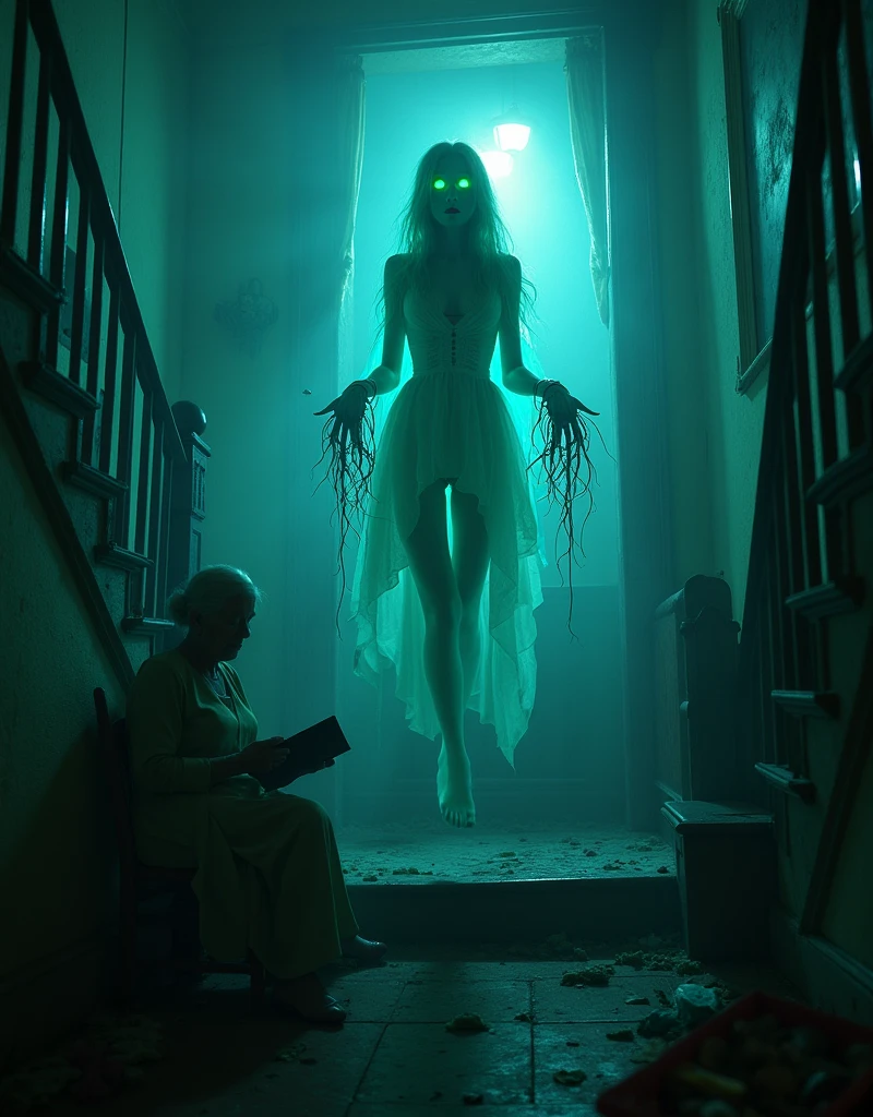 A raw photograph, high-angle view shot, high resolution photograph, dark gothic Haunted Mansion, A ghostly female flying on stairs, green-lemon glowing eyes and weave together to form an intricate small tentacles on hands, veiled in cascading blue light, appears before a old woman seated individual in a dimly lit reading book, disheveled Haunted Mansion, (extremely detailed gigantic flytrap:1.7), (perfect face), (extreme fear expression, mouth open:1.3), slim legs, sculpted knees, transparent white dress, fear,