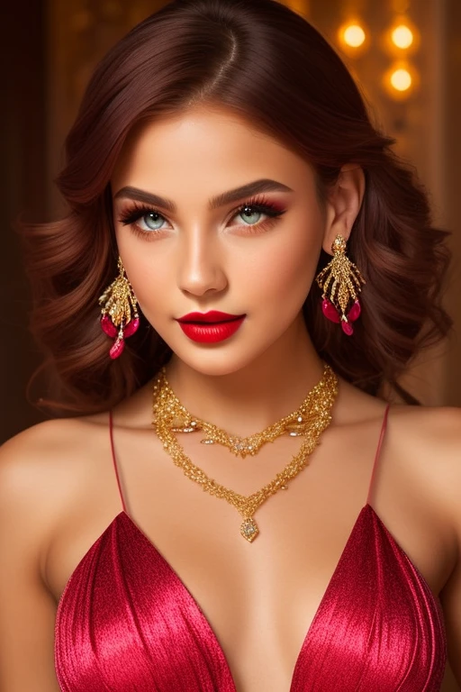 Lebanese lady, diamond dangling earrings, necklace, bracelets, small breasts, 40 years old, smokey eyes, nudity, red lips, flowers